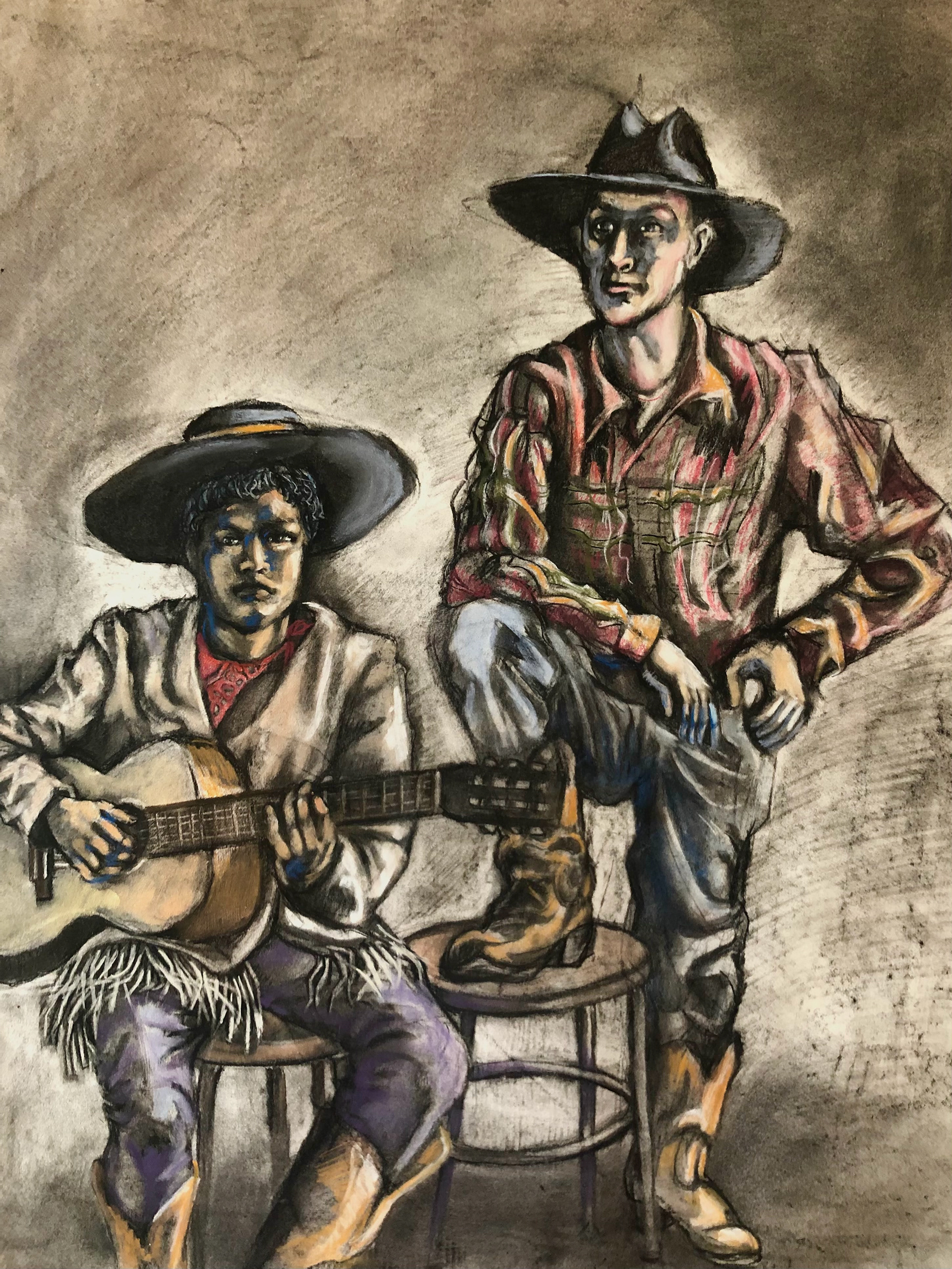 Student posed in costume as Pancho and Lefty