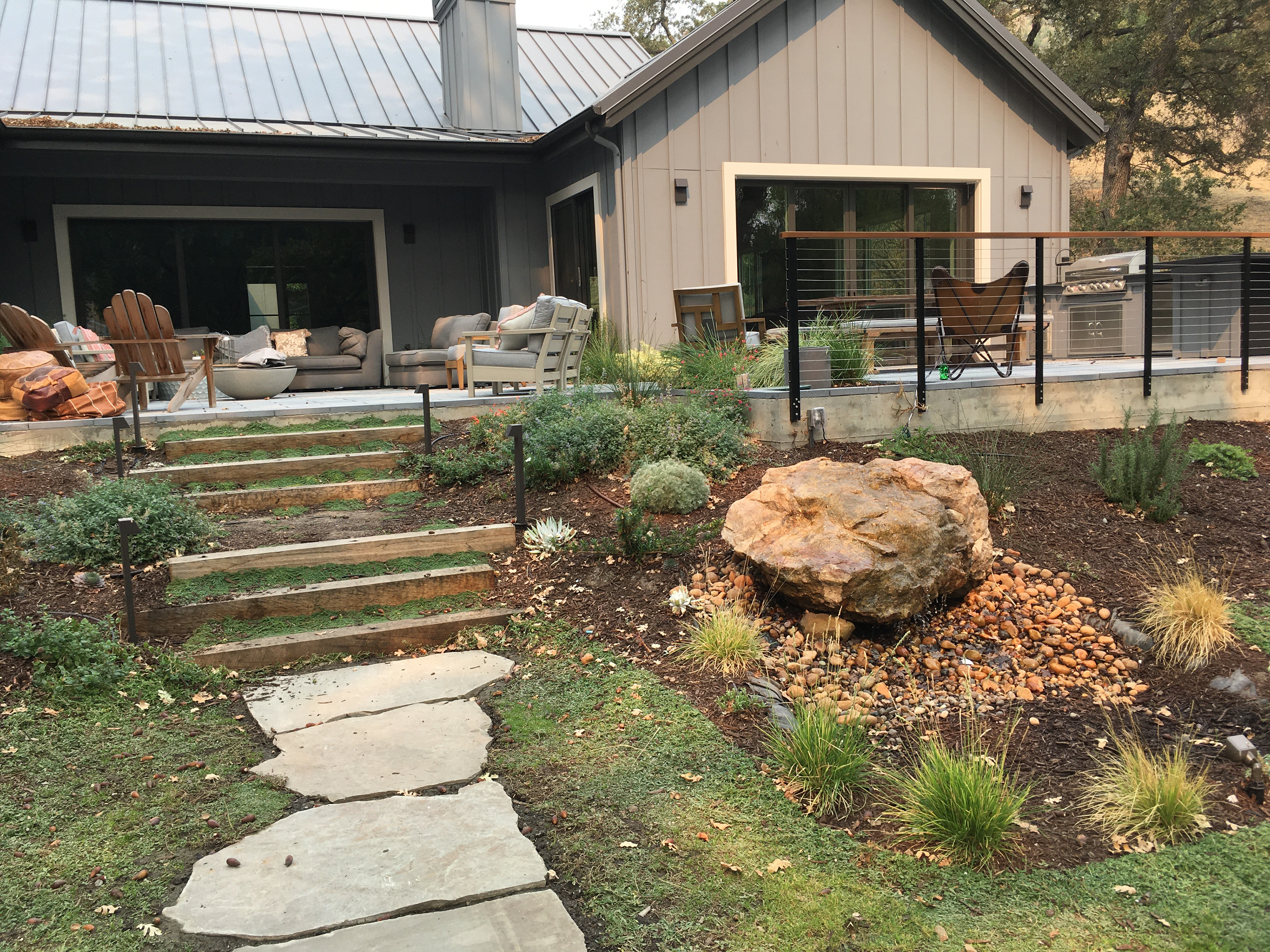 Rain water is harvested and re-used in the landscape