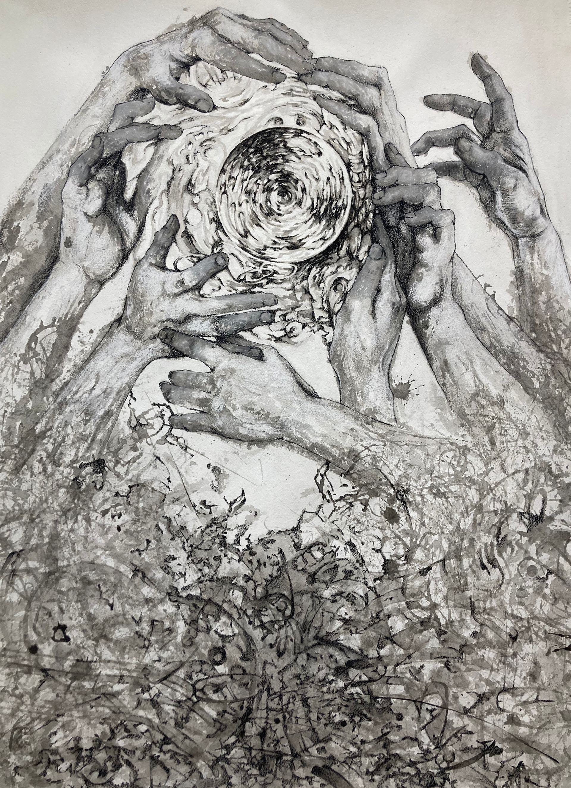 "Grasping Amidst", pencil and ink on paper, 24 x 36, 2023