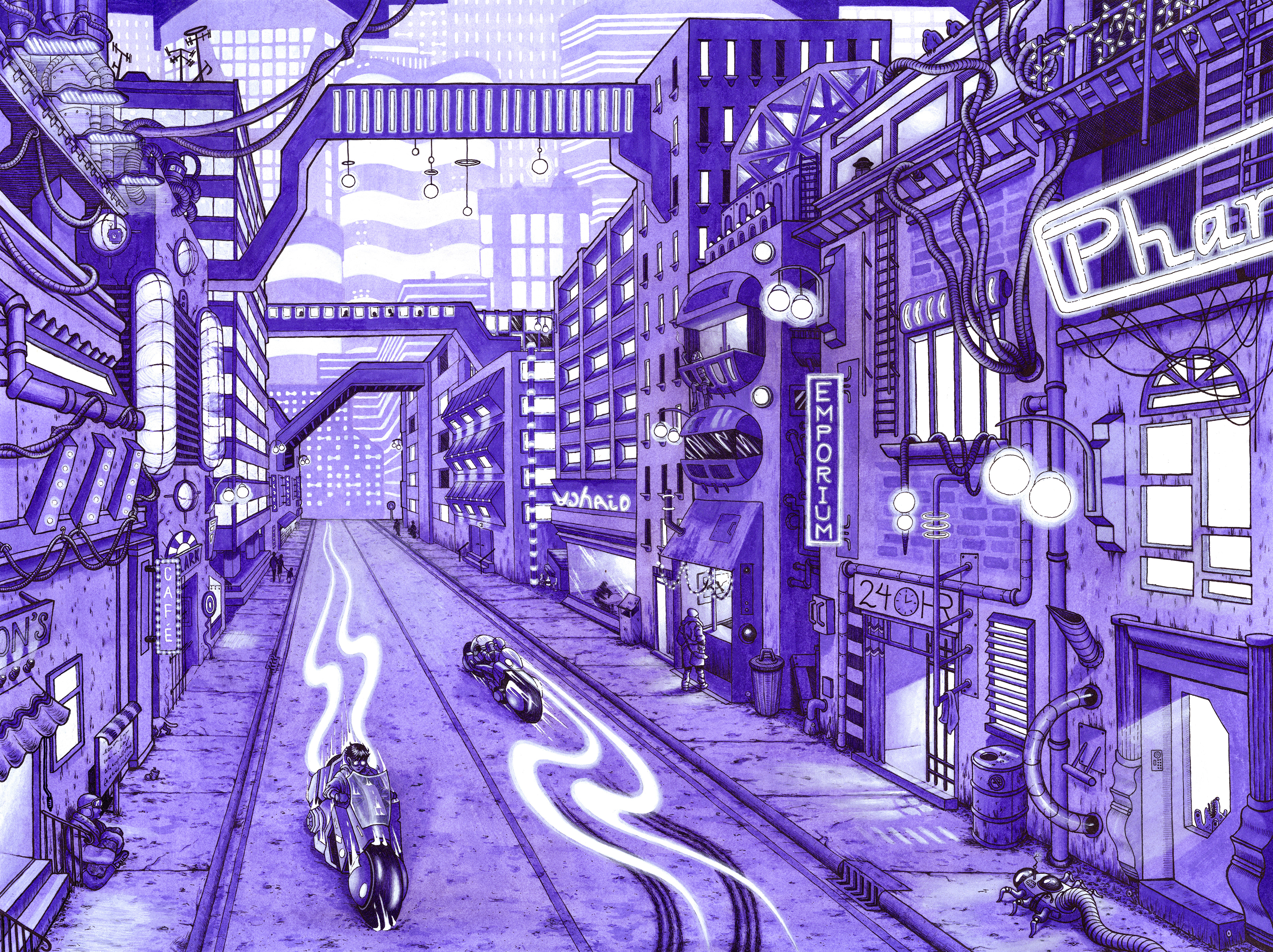 "Akira Cityscape", pen and ink on paper, 18 x 24, 2021