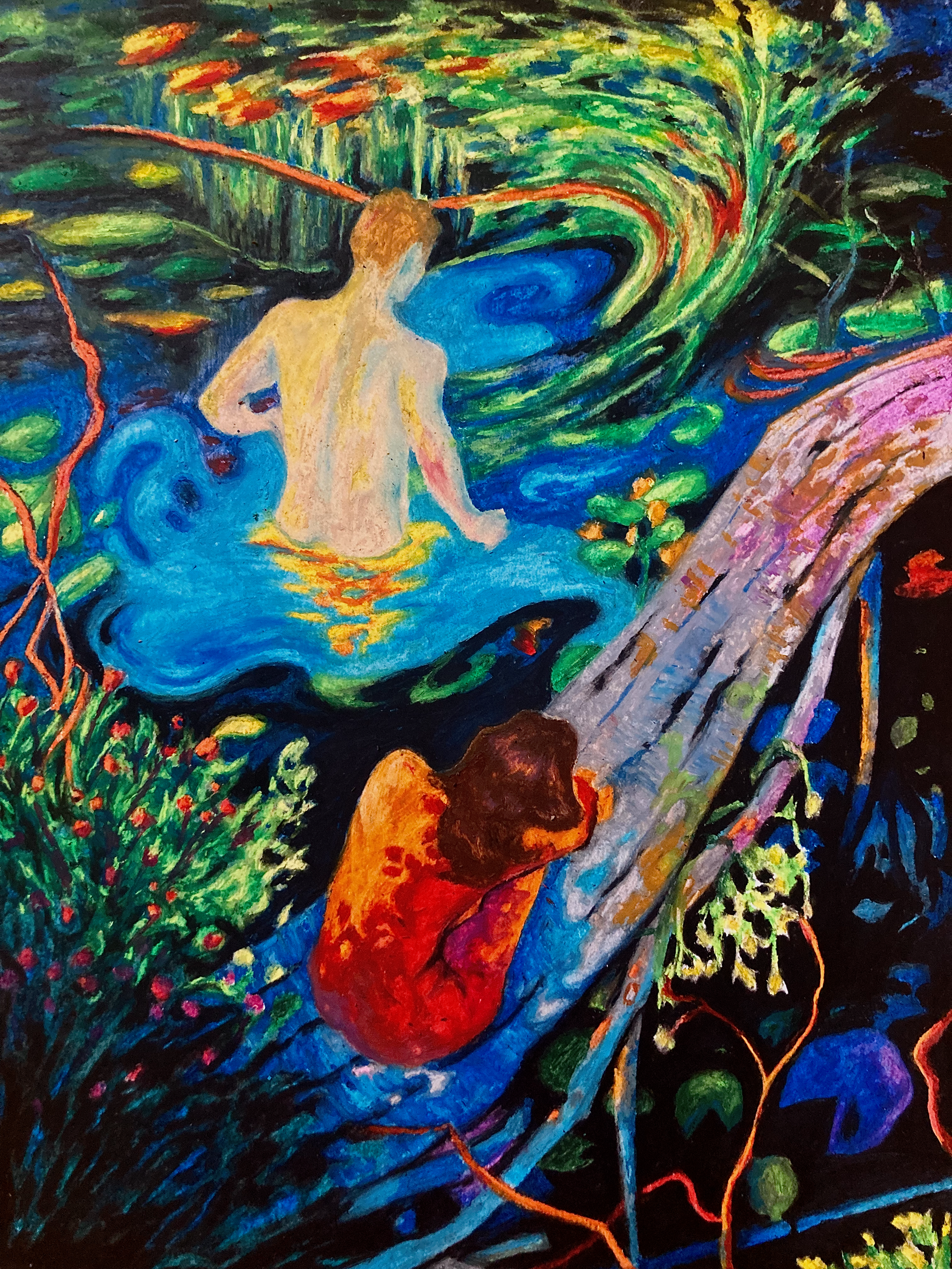 Interpretation of "Two on the Bridge" by Igor Shcherbakov, oil pastel on paper, 9 x 12, 2026