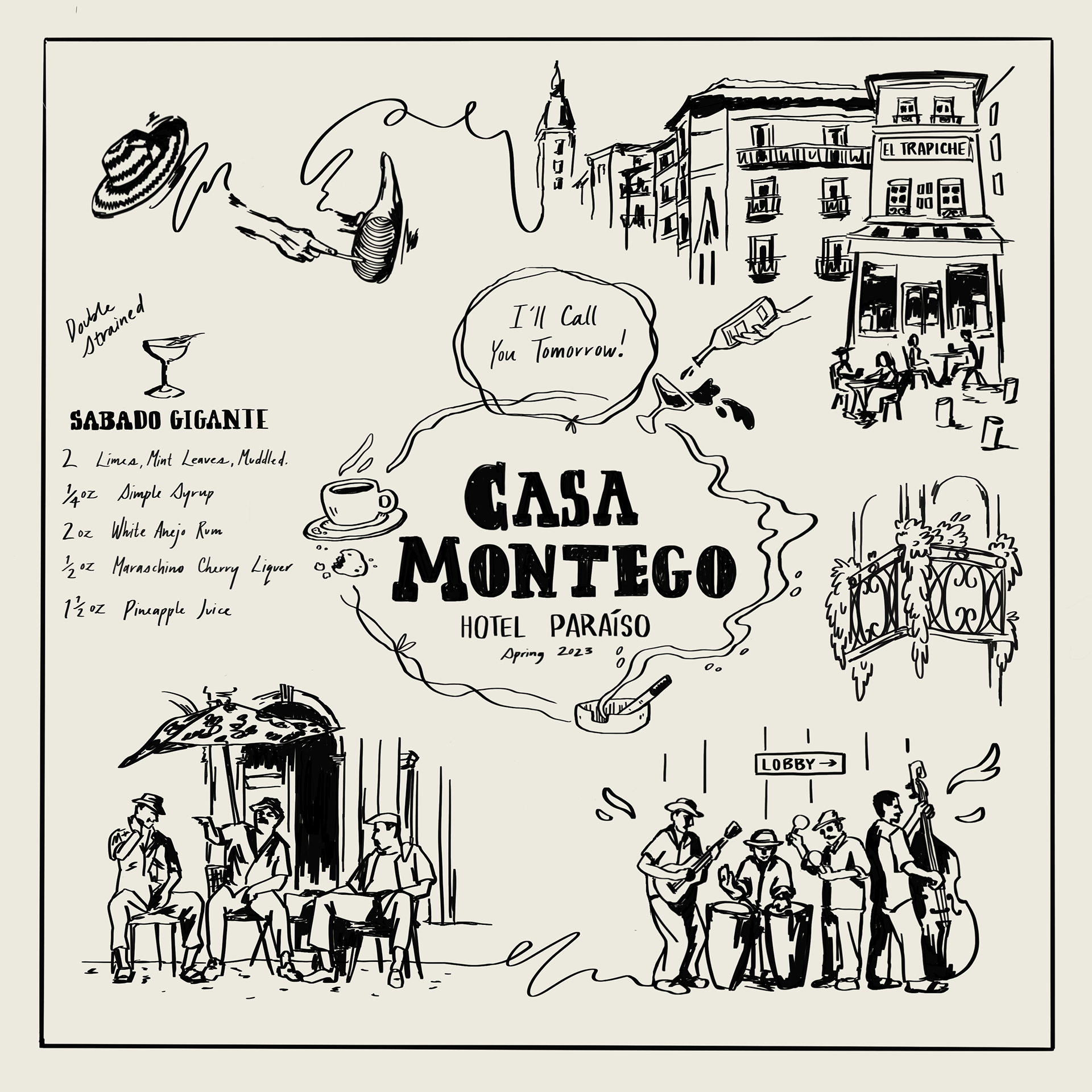 Casa Montego- Scarf illustrative design, Procreate, 2024