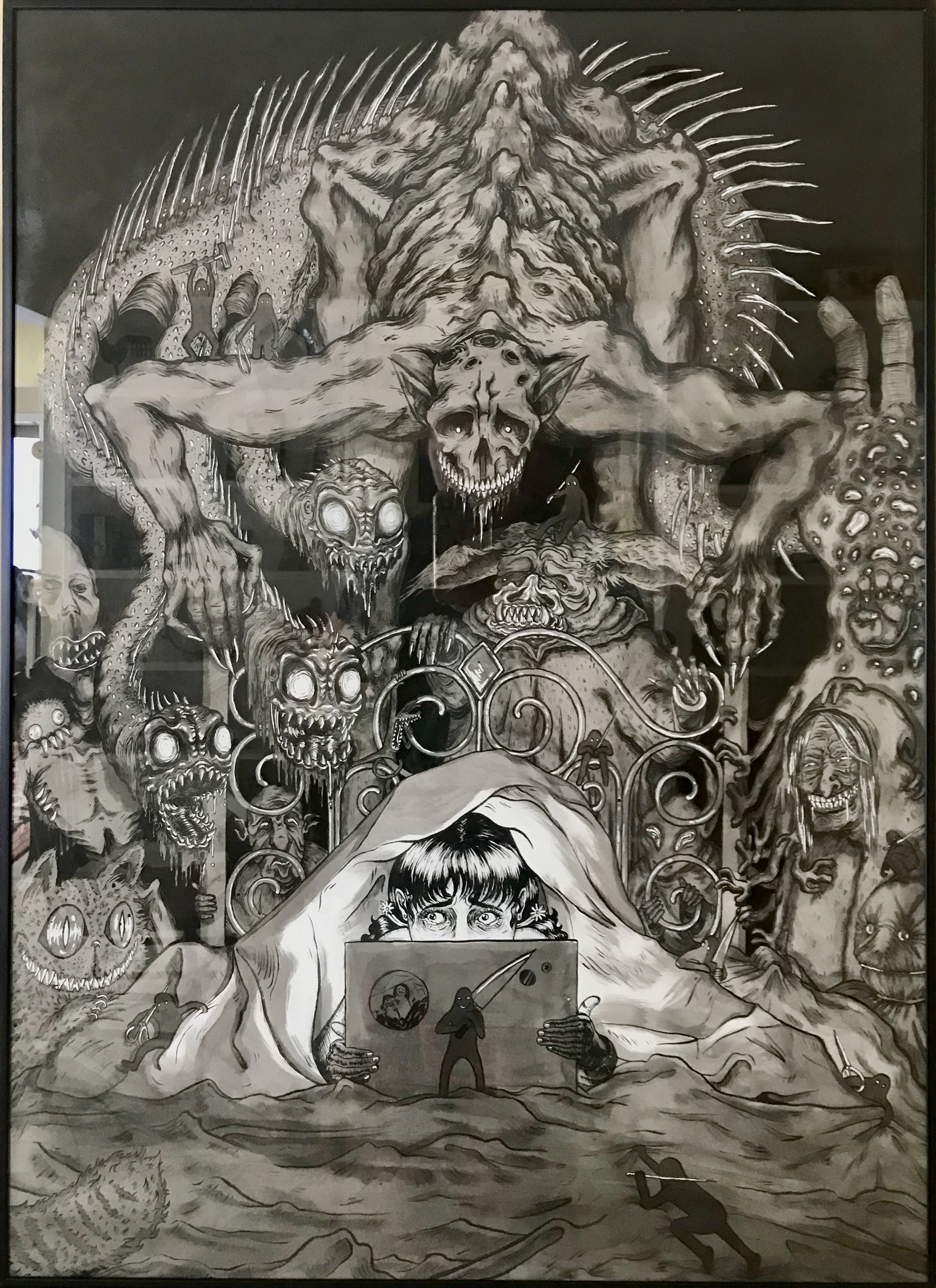 "Check Under the Bed", ink on paper, 24 x 36, 2020