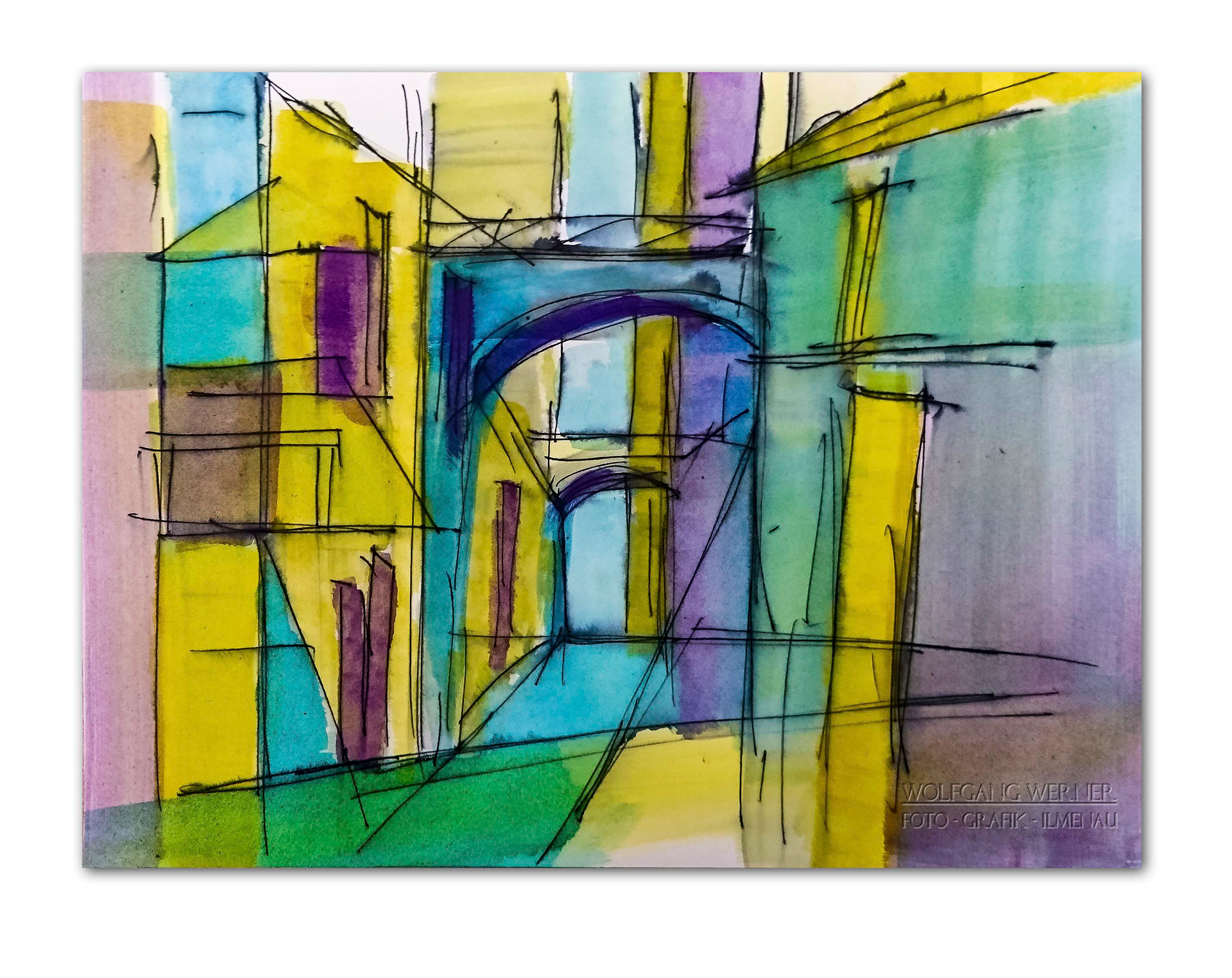 Farbige Stadtlandschaft, Fineliner Aquarellfarbe