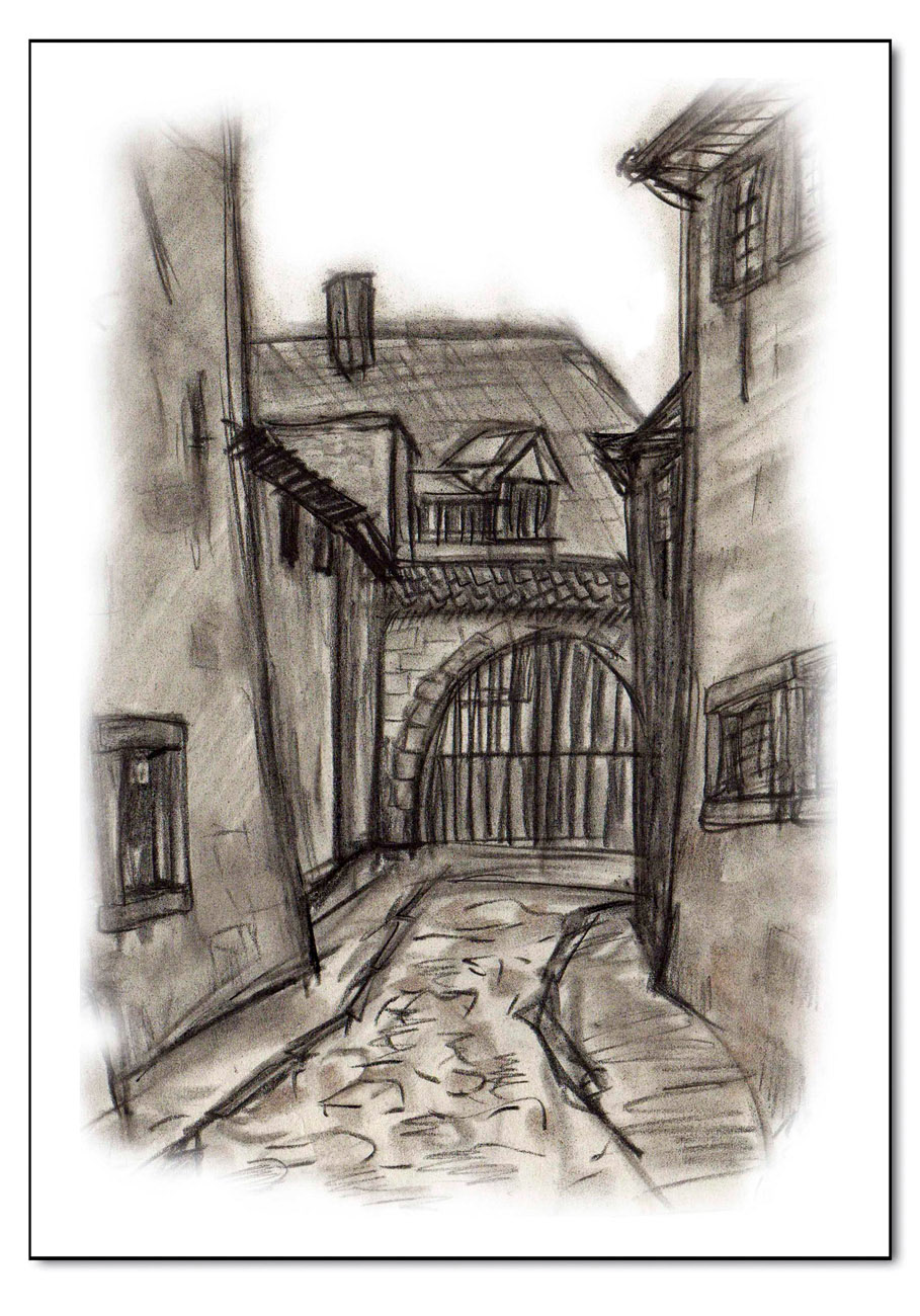 Waagegasse in Erfurt, Kohlezeichnung