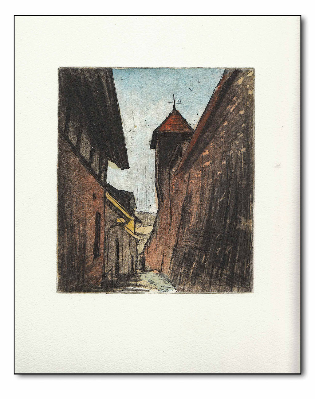 Gasse in Fladungen, Radierung coloriert