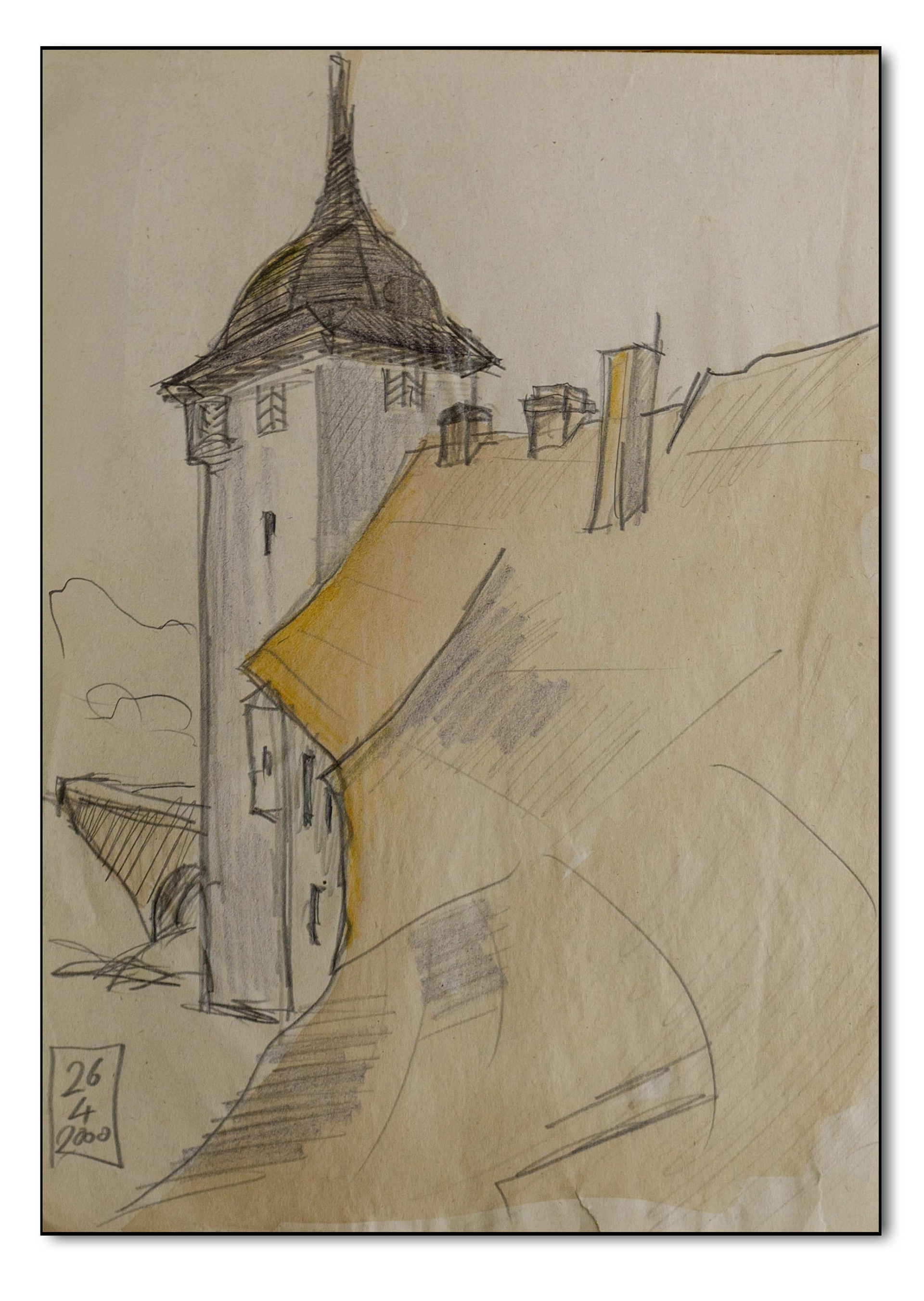 Dach des Wasserschlosses Kapellendorf,  Graphit und Aquarellfarbe auf mit Kaffee getöntem Papier