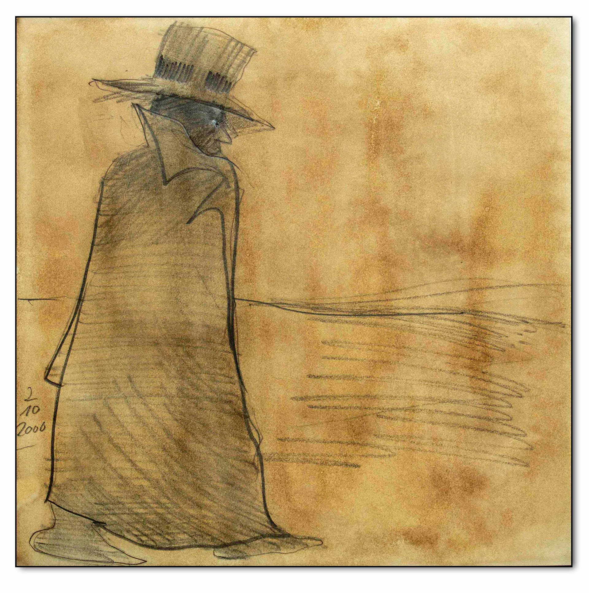 Mann mit Zylinder I,Graphit auf getöntem Papier