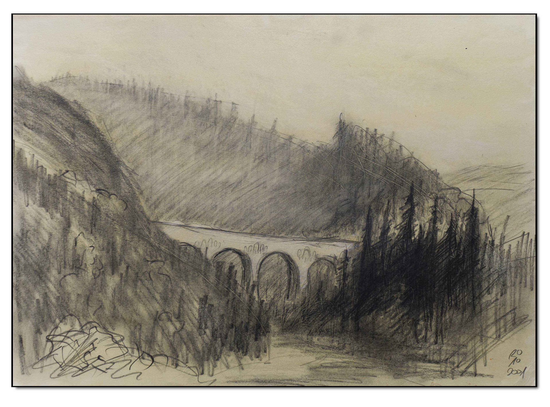 Viadukt Piesau/Lichte, Graphit und weiße Kreide auf mit Kaffee getöntem Papier