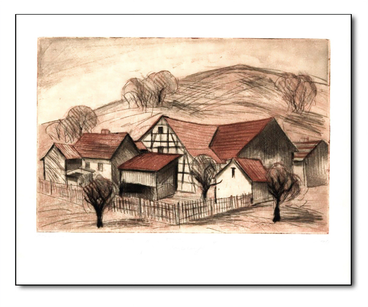 Thüringer Dorf, Farbradierung