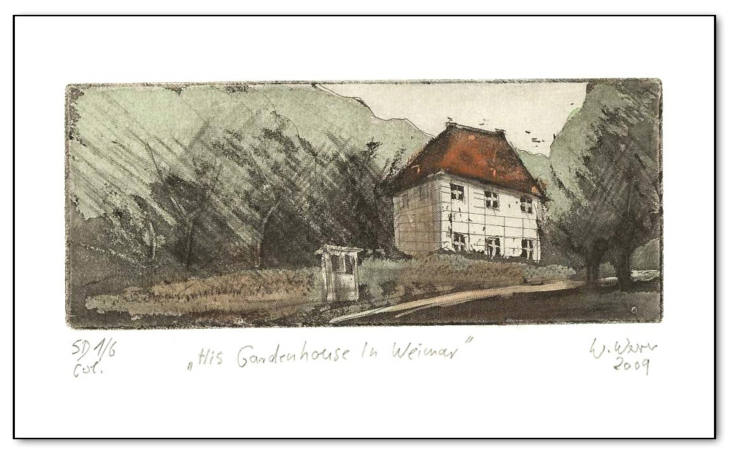 His Garden House in Weimar, Radierung coloriert
