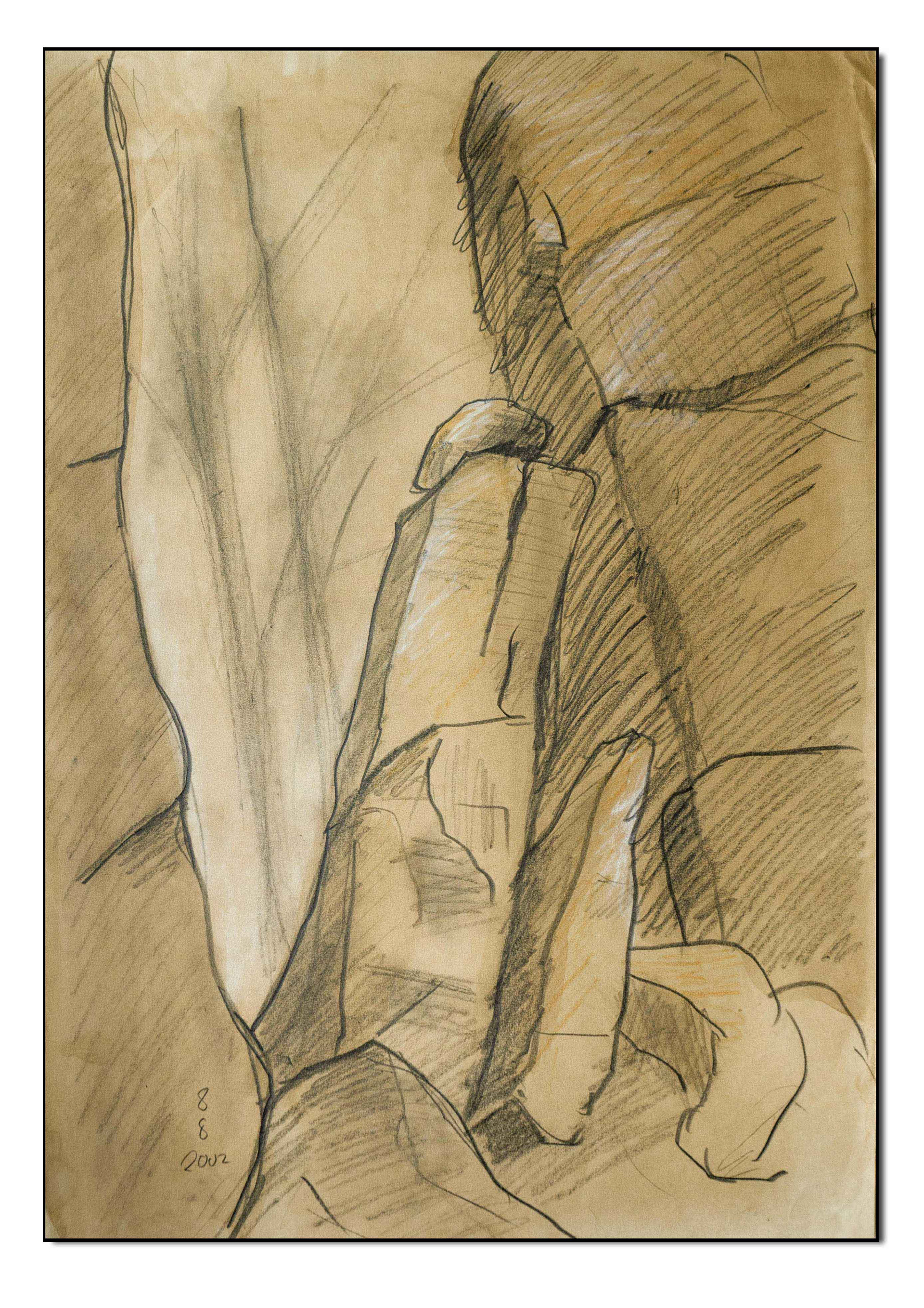 Felsformation aus der Sächsischen Schweiz, Graphit und Weiß auf mit Kaffee getöntem Papier