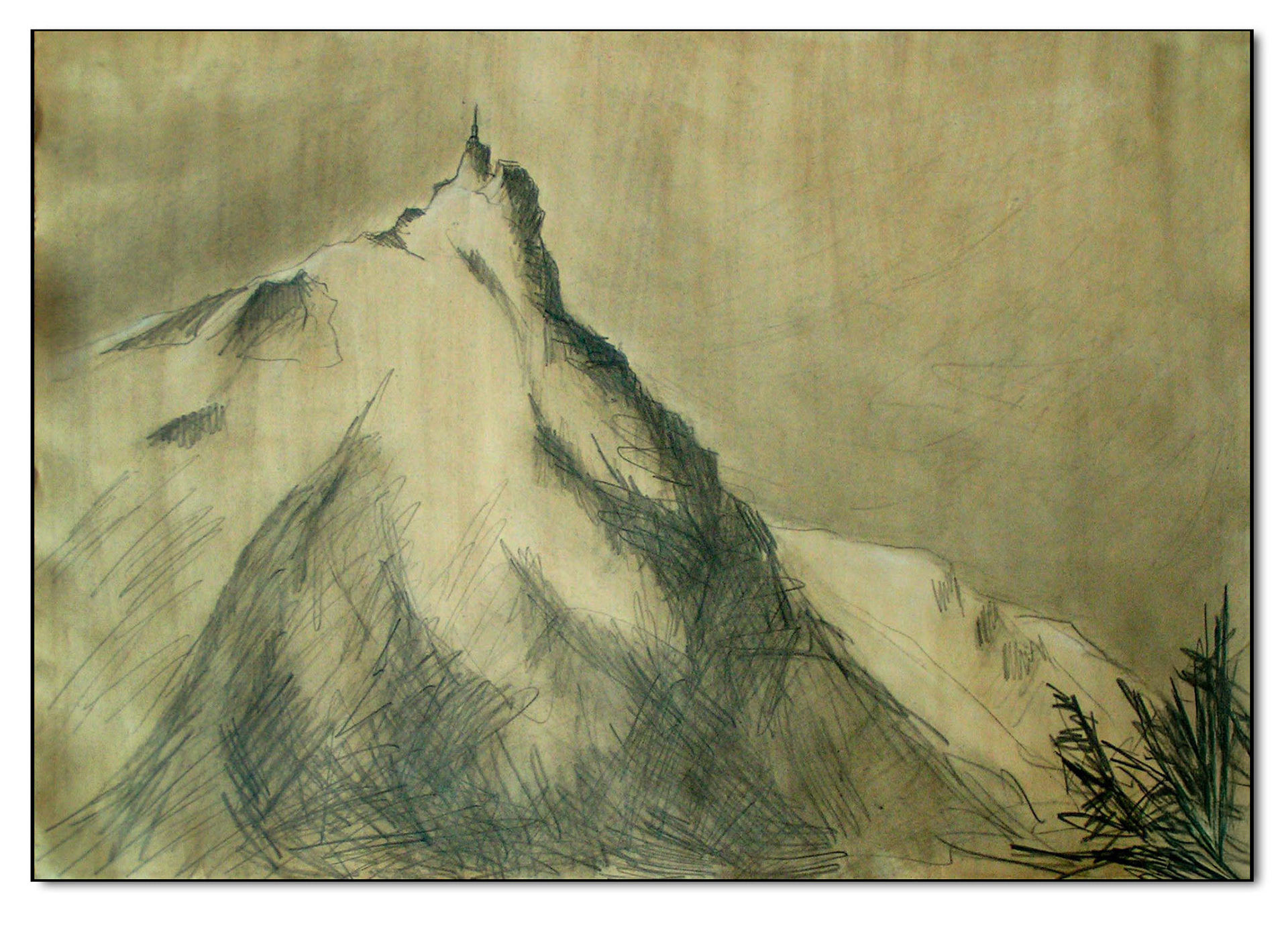 Gipfelgebäude der Aiguille du Midi, Graphit auf mit Kaffee getöntem Papier