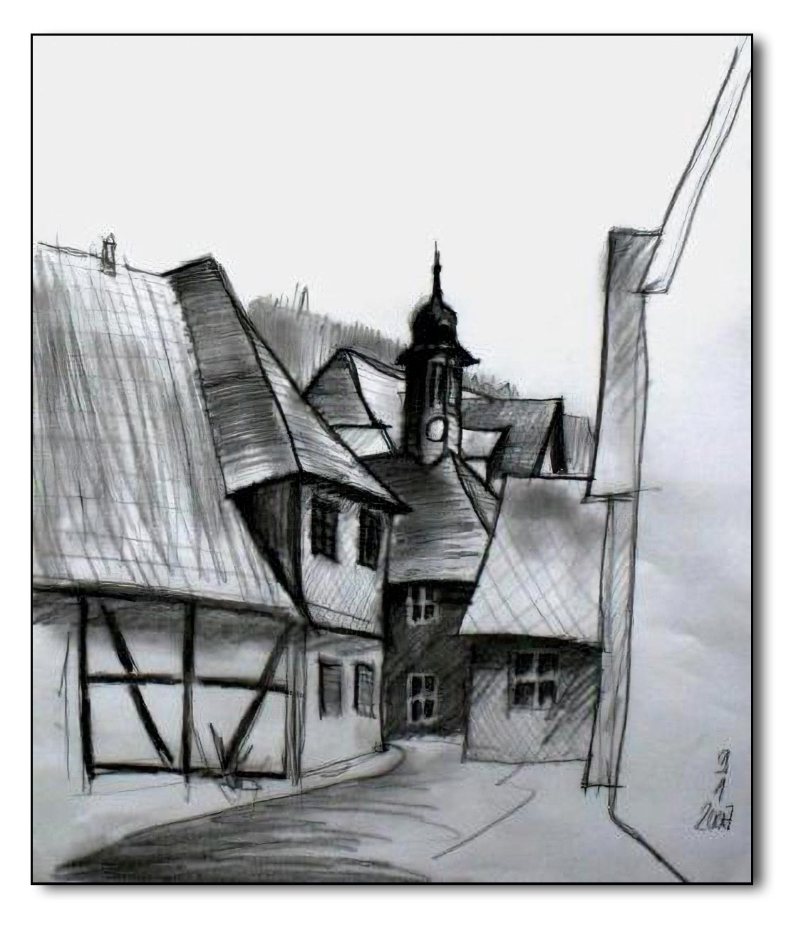 Dorfstraße in Südthüringen/Dietzhausen, Graphit