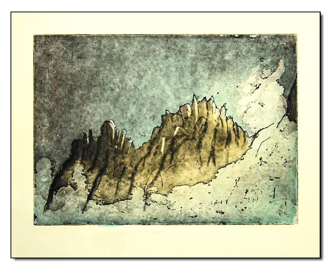 Morgennebel im Gebirge, Radierung coloriert