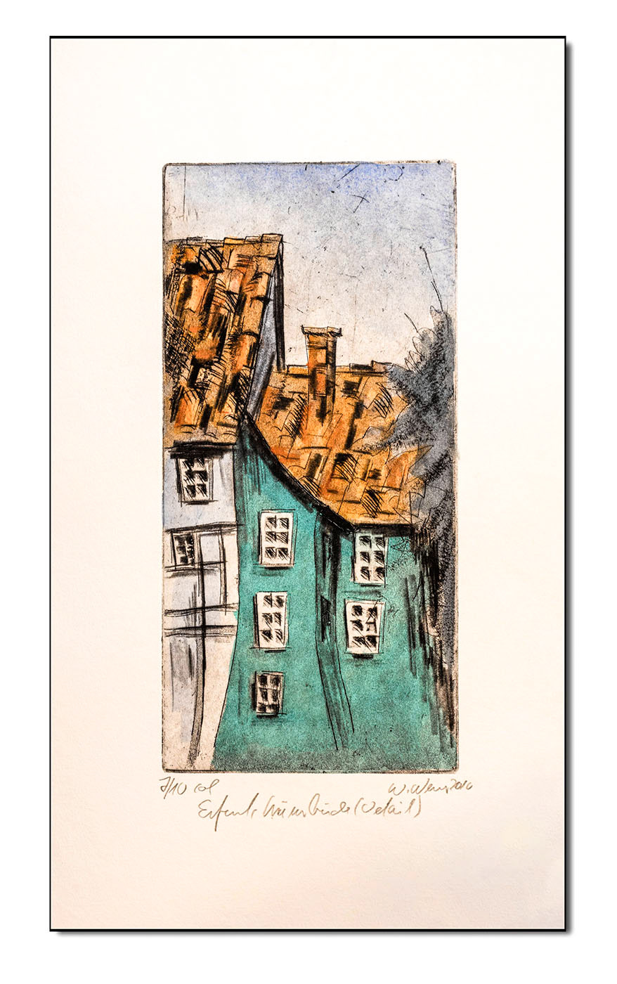 Erfurt Krämerbrücke (Detail), Radierung coloriert