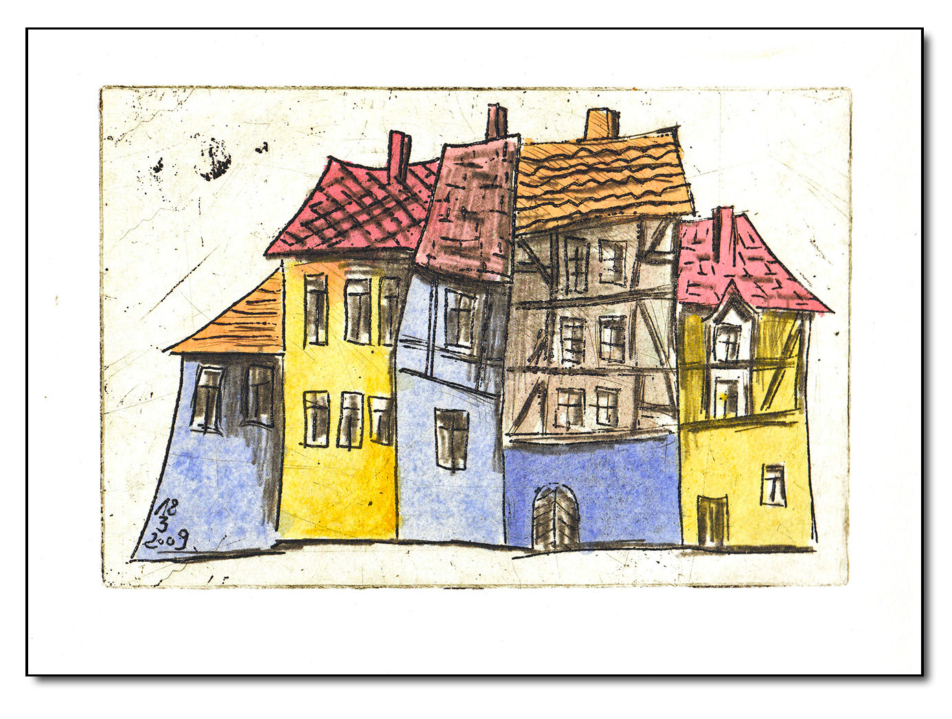 Altstadthäuser, Radierung coloriert