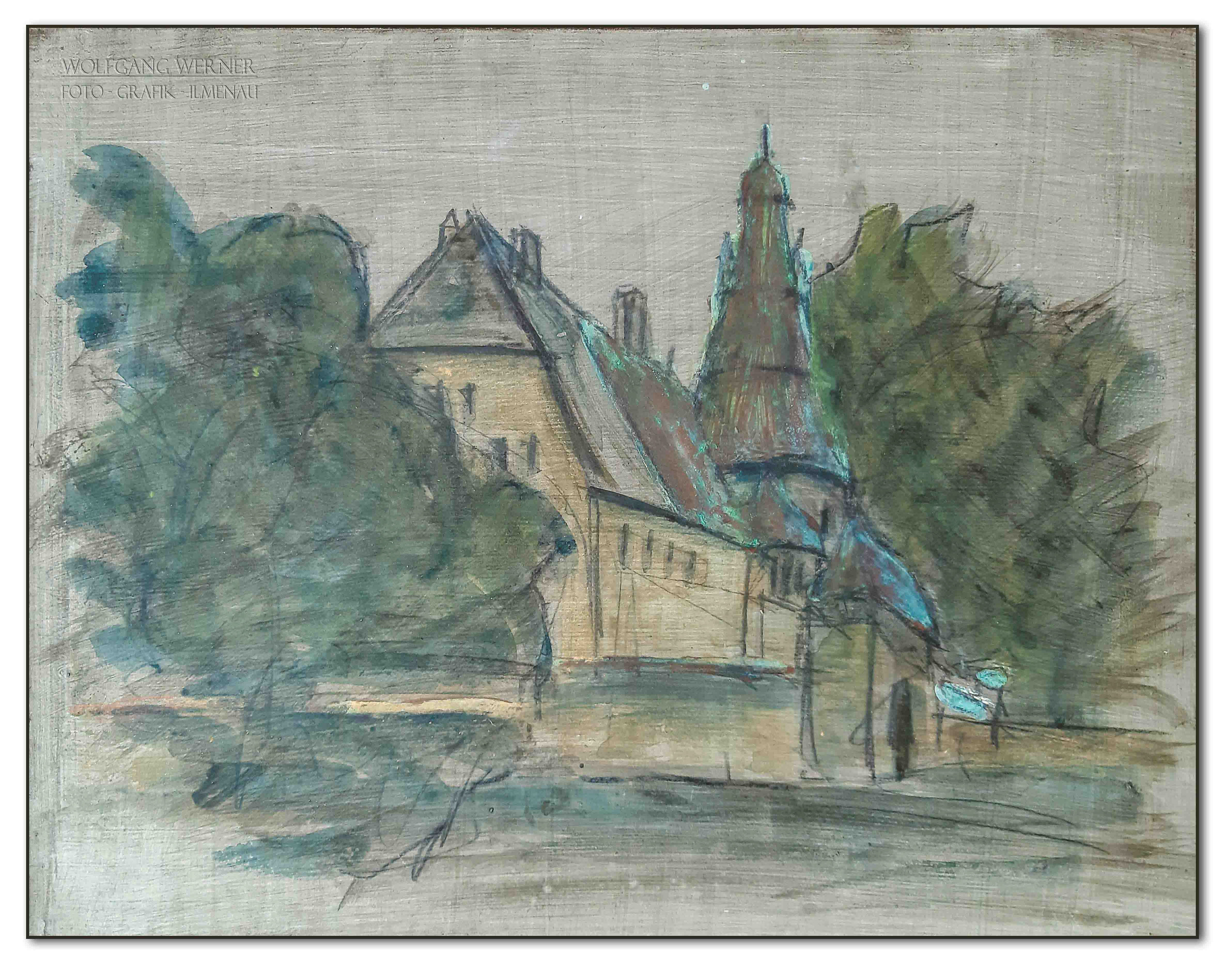  Haus Mühlberg "Burg Ohrdruf",  Guache, Kupferoxidfarbe auf grundiertem Papier