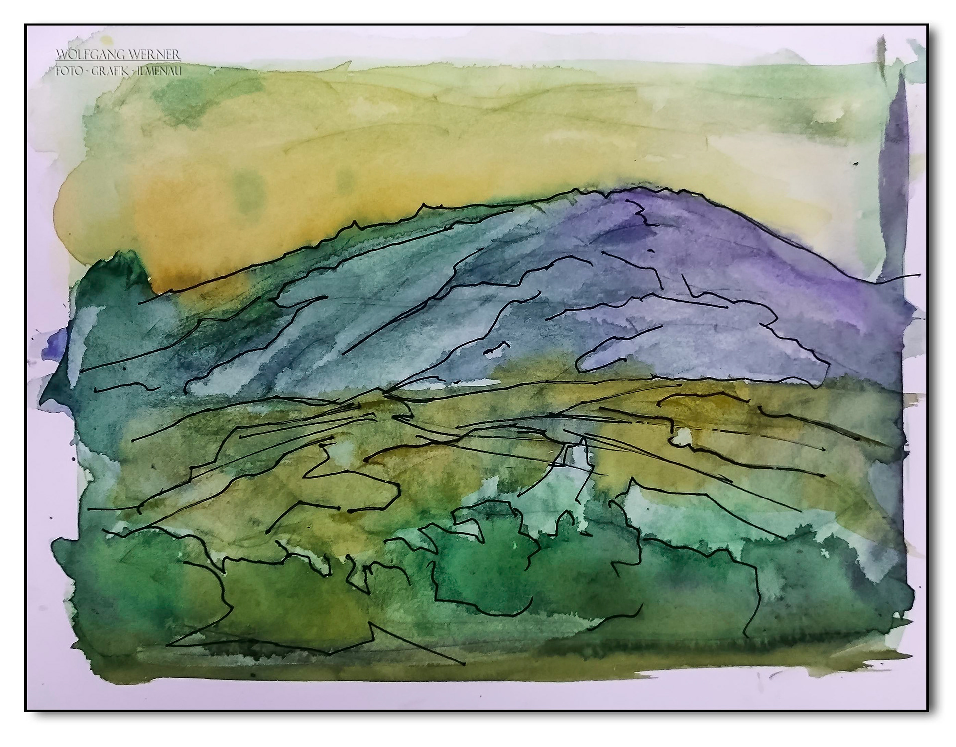 Thüringer Landschaft, Fineliner Aquarellfarbe