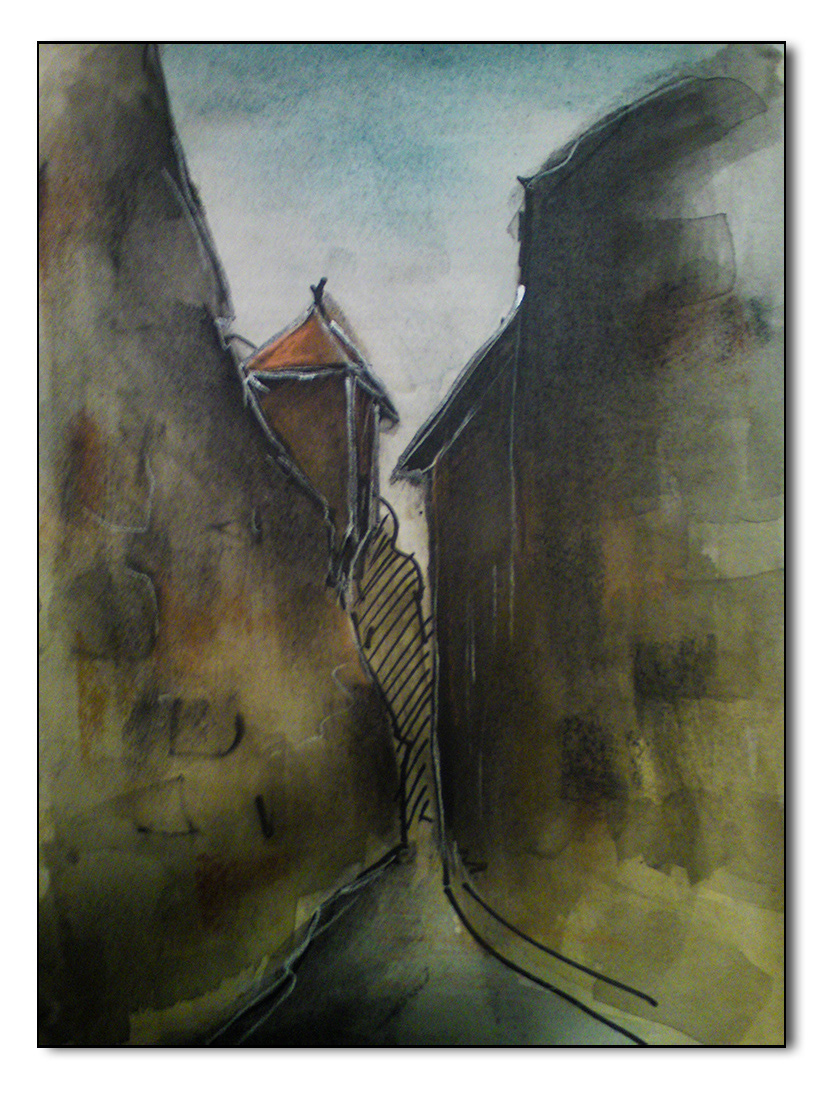 Gasse in Fladungen, Pastell Aquarellfarbe