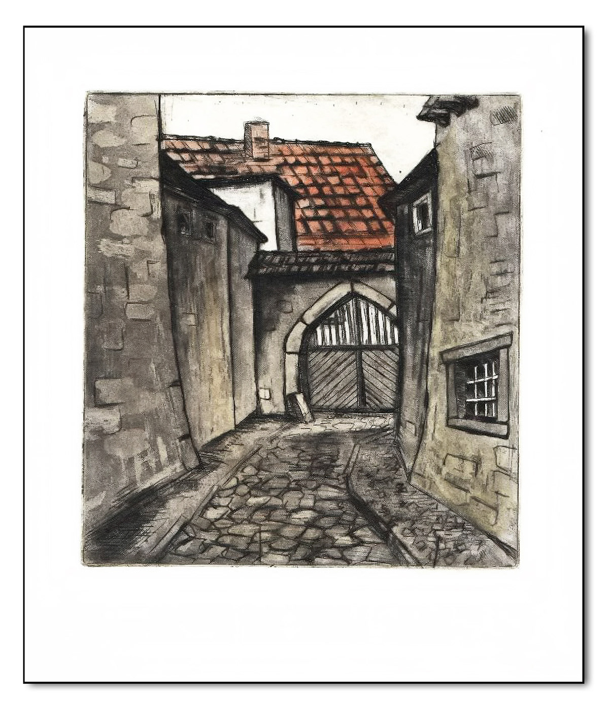 Mittelalterliche Gasse, Radierung coloriert