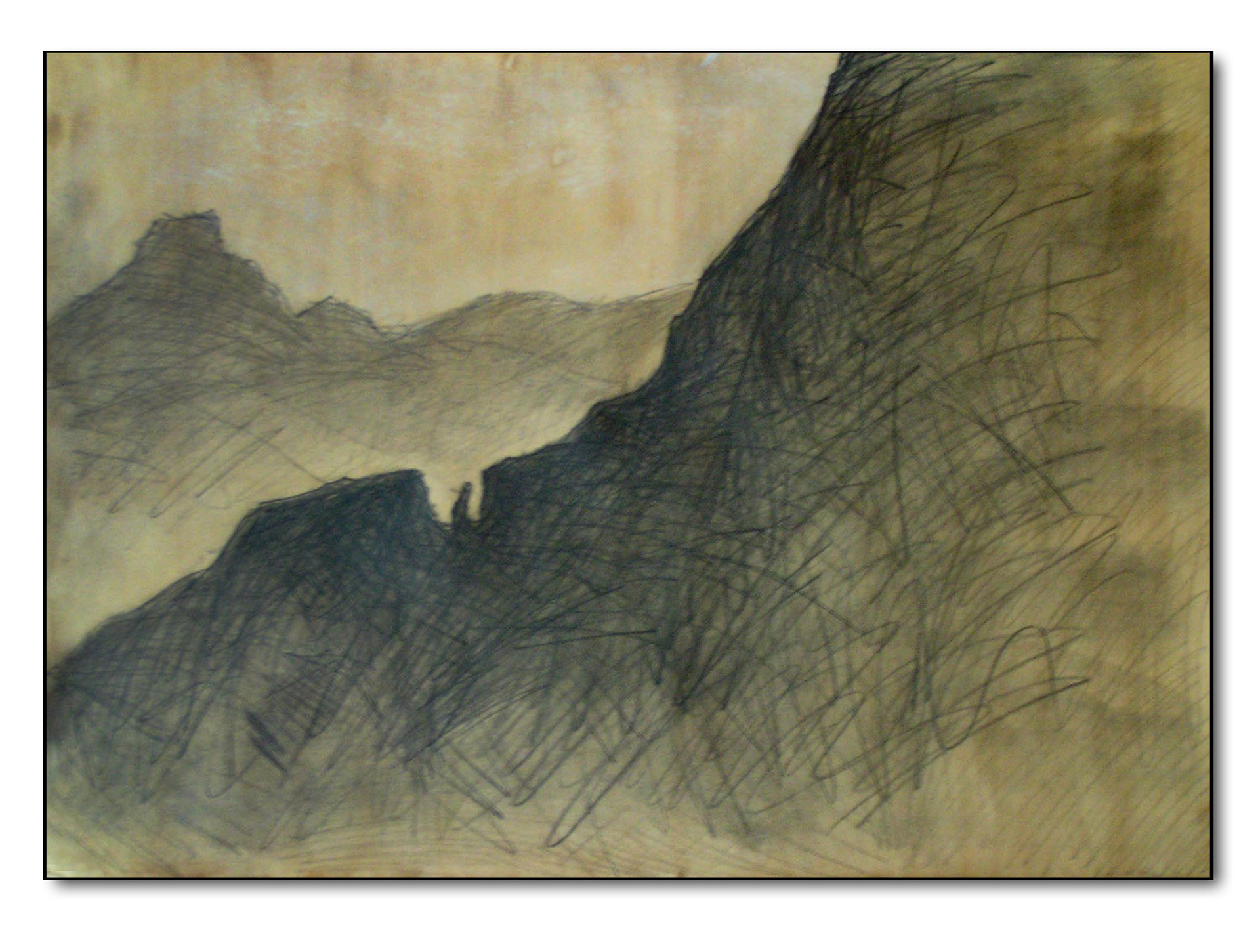 Felswand am Glacier des Bossons, Graphit auf mit Kaffee getöntem Papier