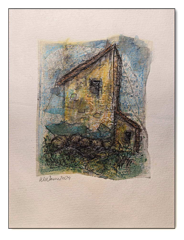 Haus in Umbrien, Tusche, Aquarellfarbe auf Japanpapier und Bütten