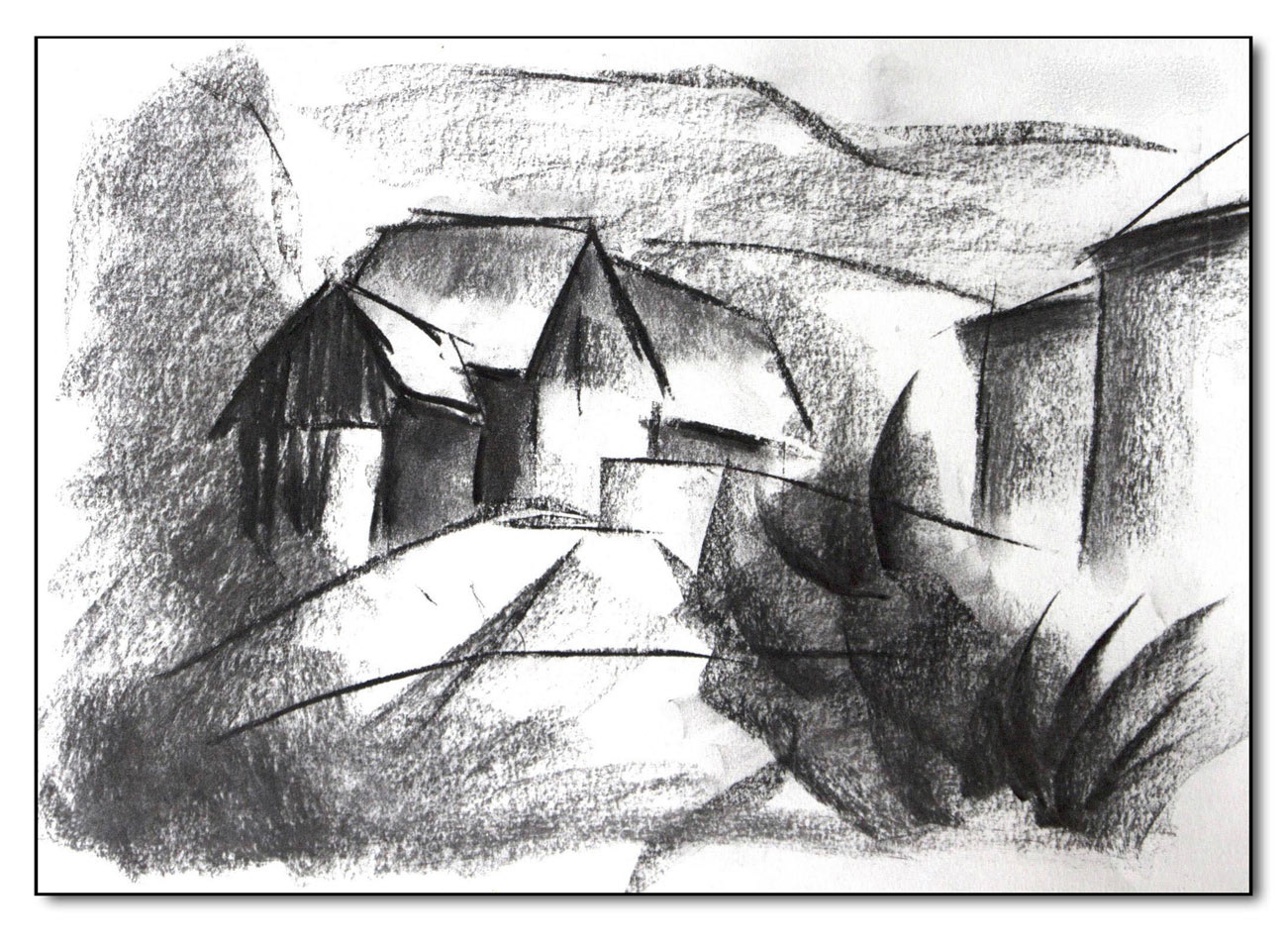 Häuser in Manebach, Kohlezeichnung