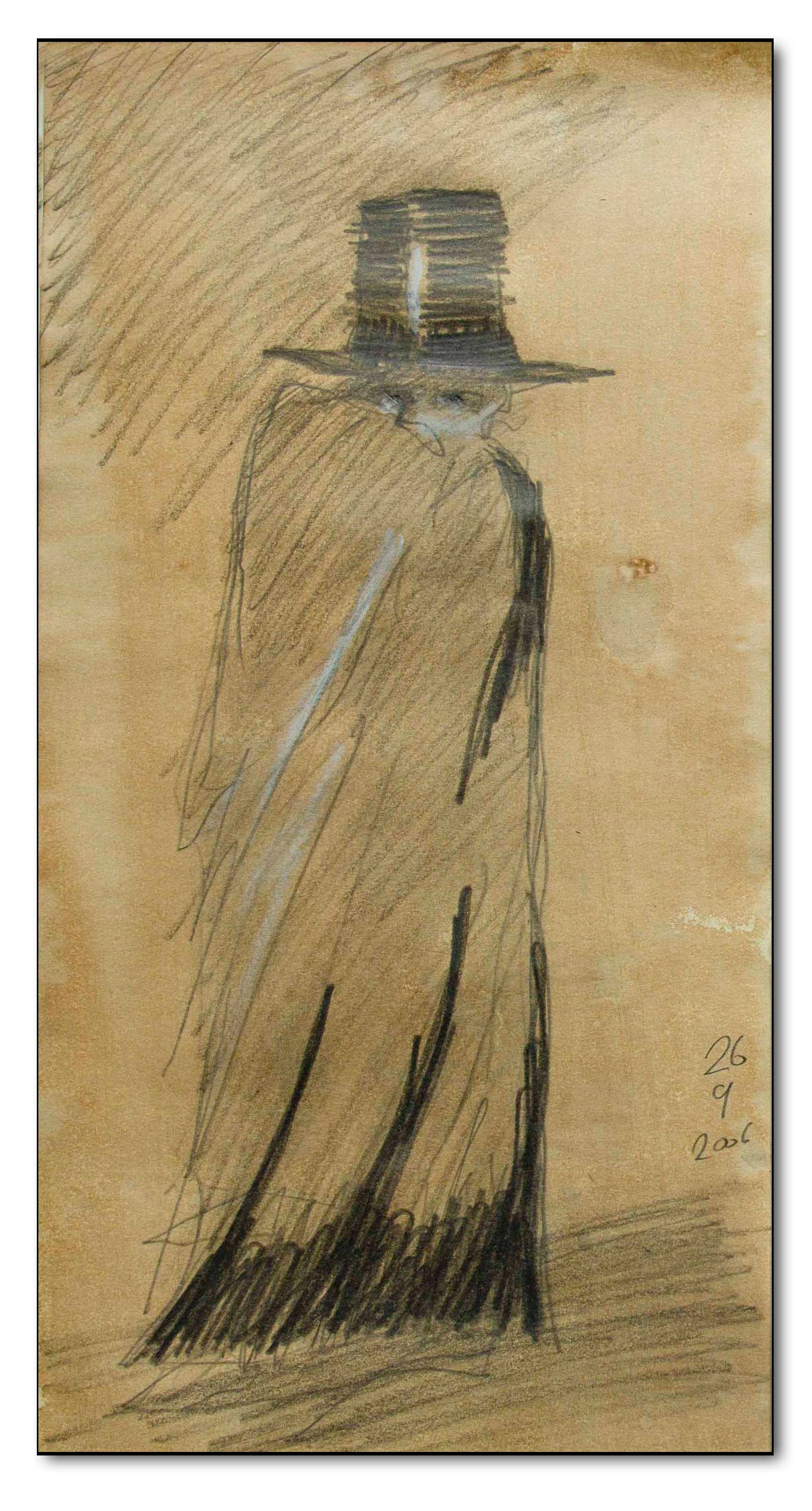 Mann mit Zylinder II,Graphit auf getöntem Papier