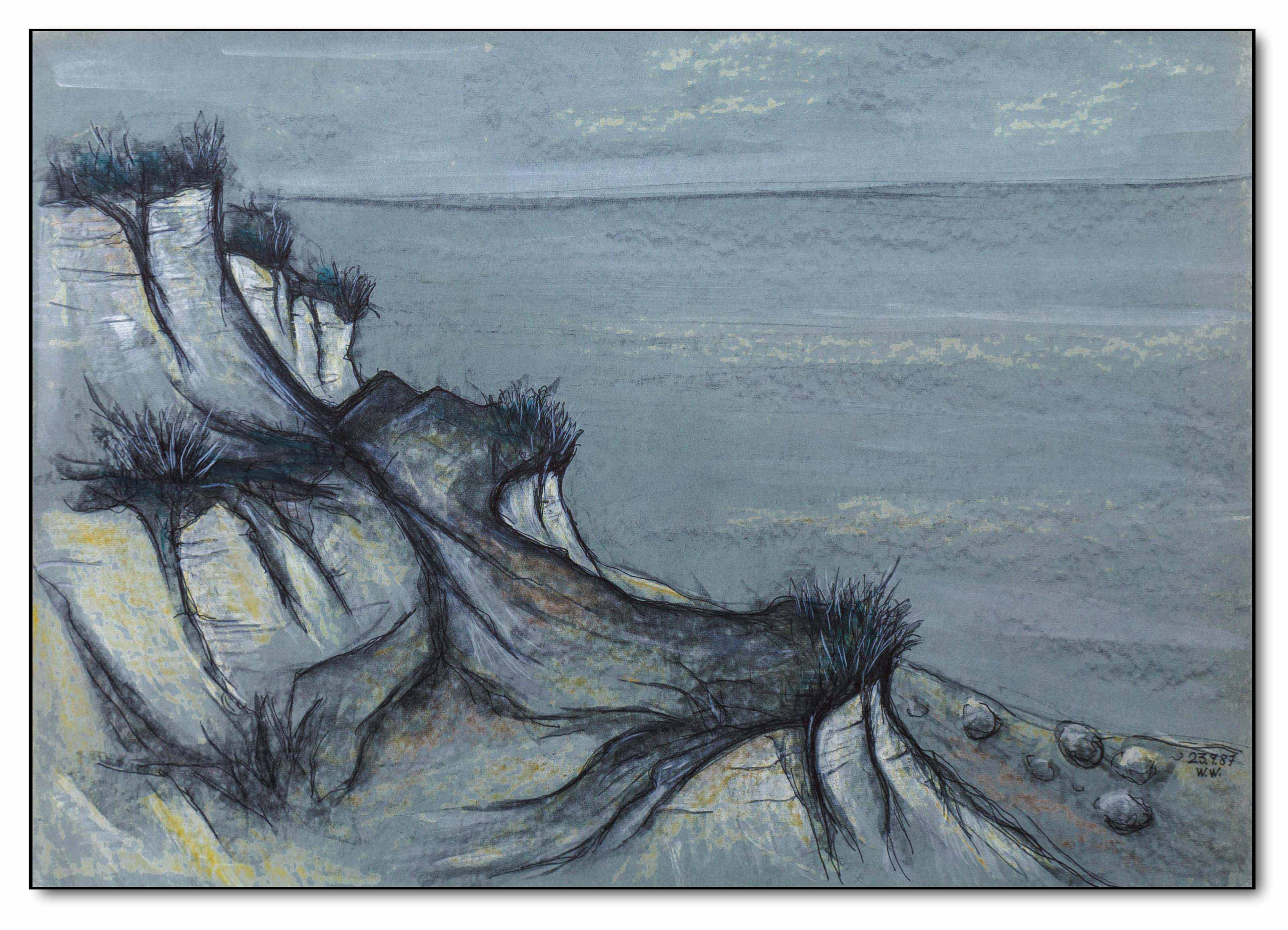 Steilküste bei Ahrenshoop, Graphit, Aquarellfarbe und Deckweiß auf blauen Karton