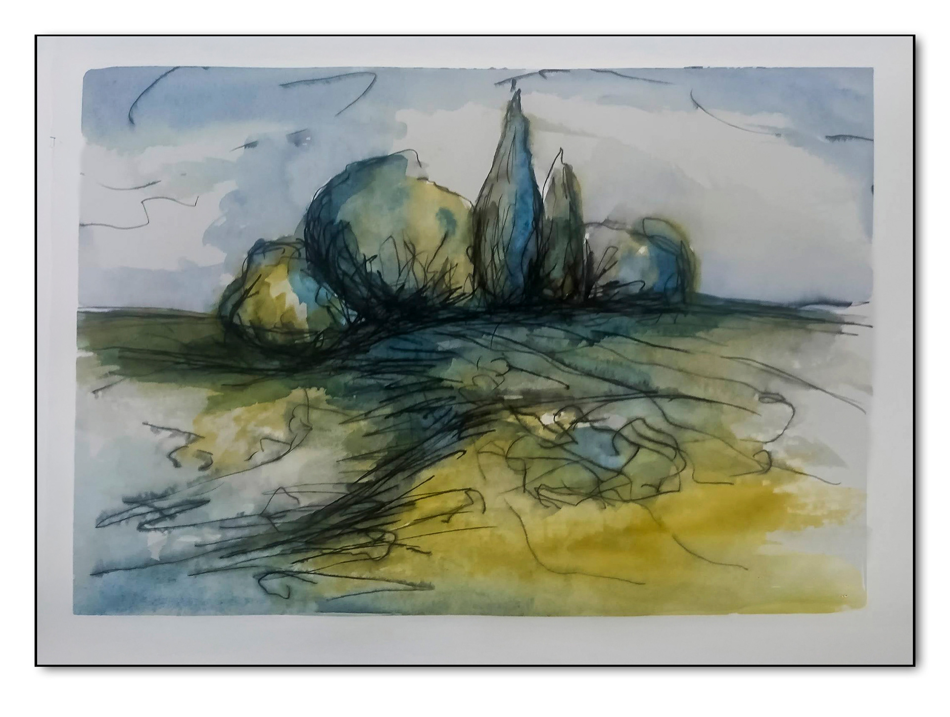 Landschaft mit Baumgruppe, Aquarell 