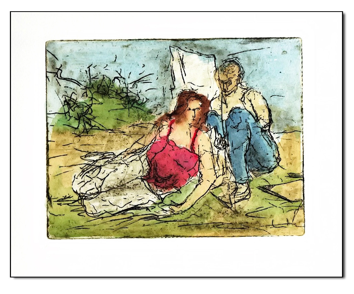 Begegnung I, Radierung coloriert