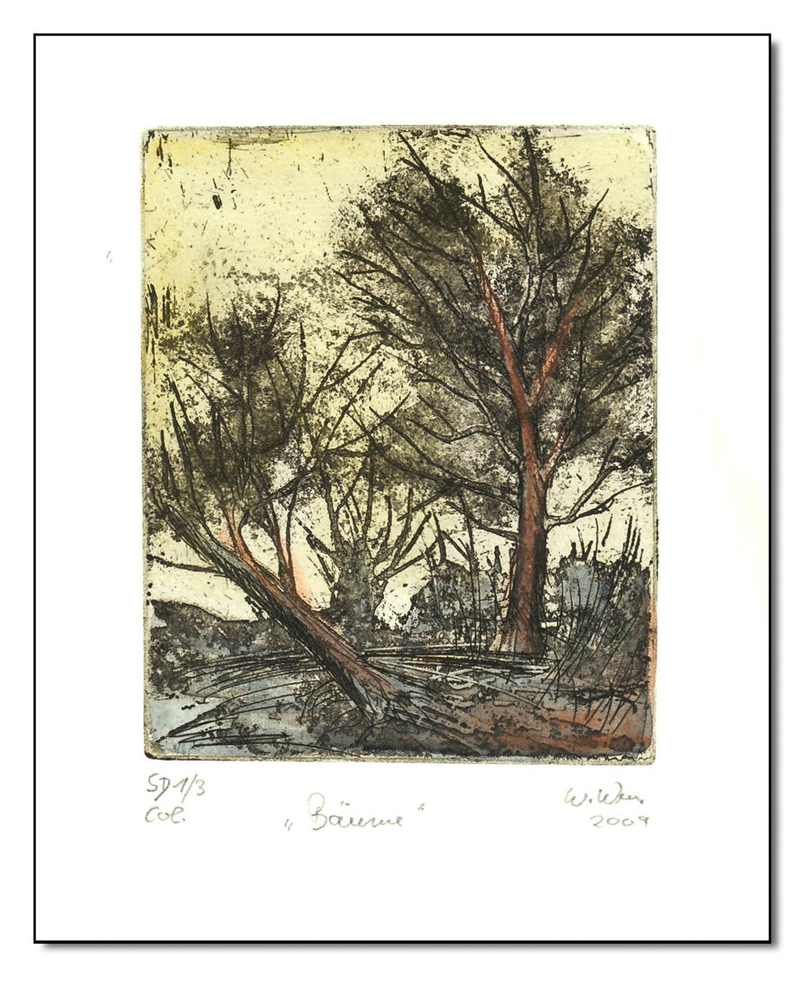 Baumgruppe, Radierung coloriert