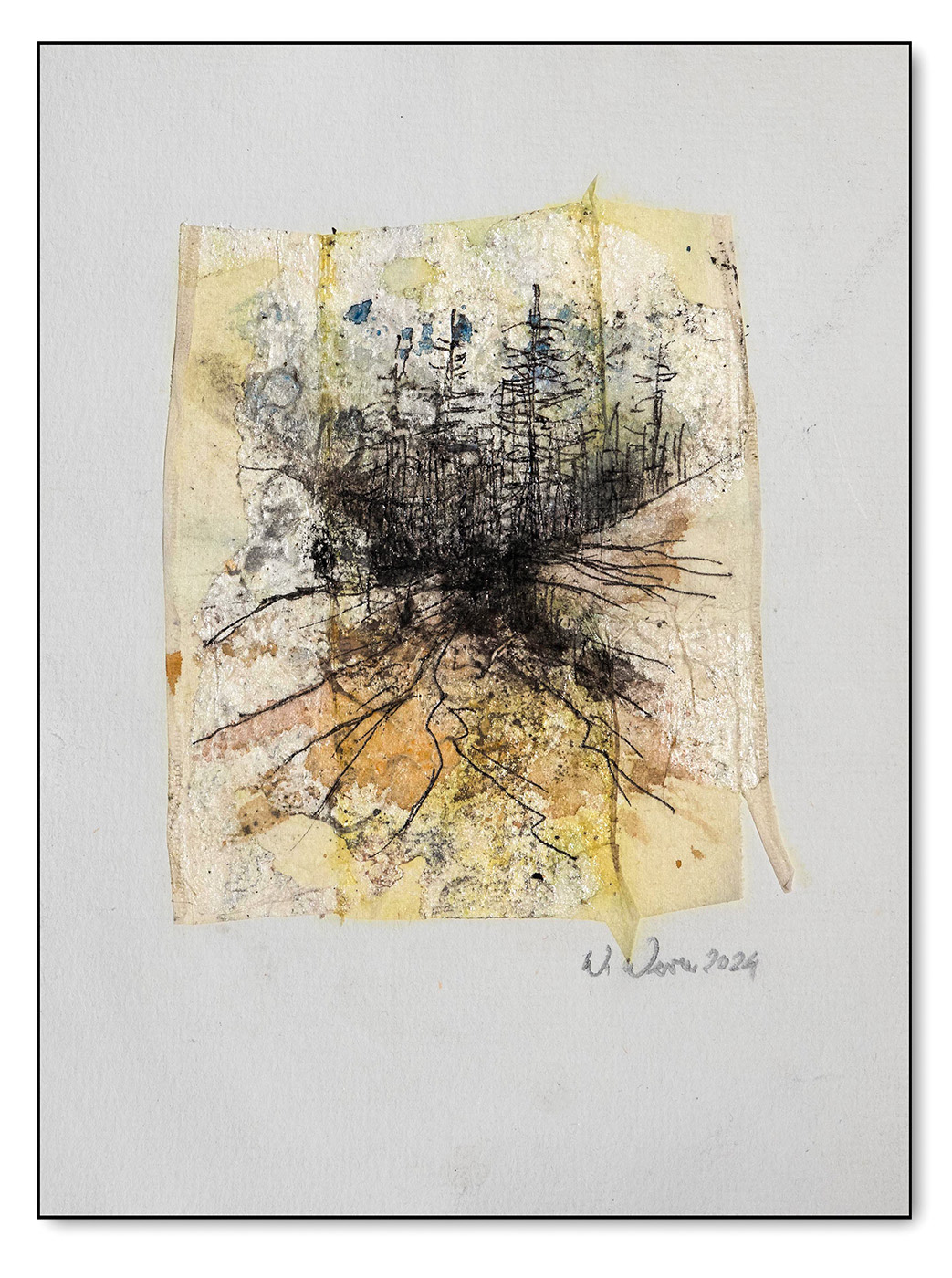 Waldlichtung, Tusche, Aquarellfarbe auf Japanpapier und Bütten