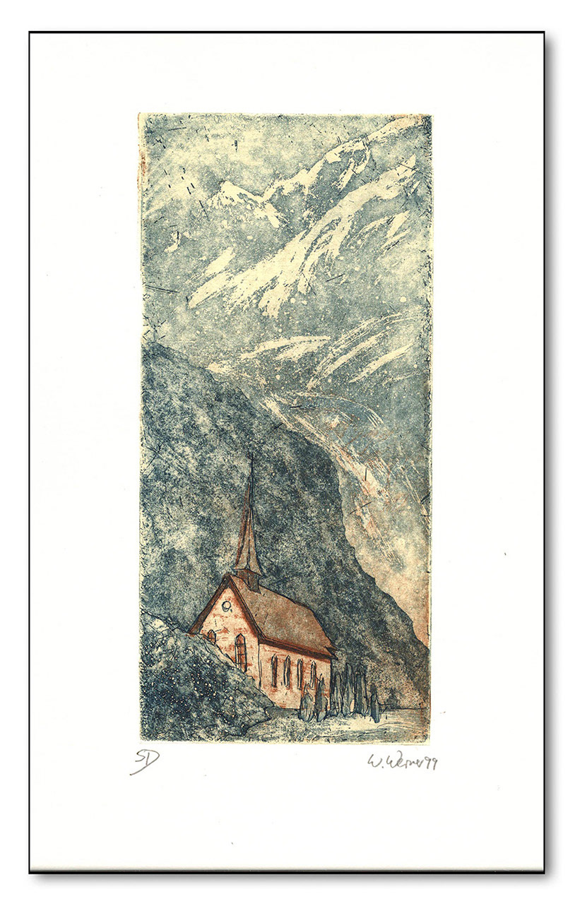 Kapelle in Gletsch, Farbradierung