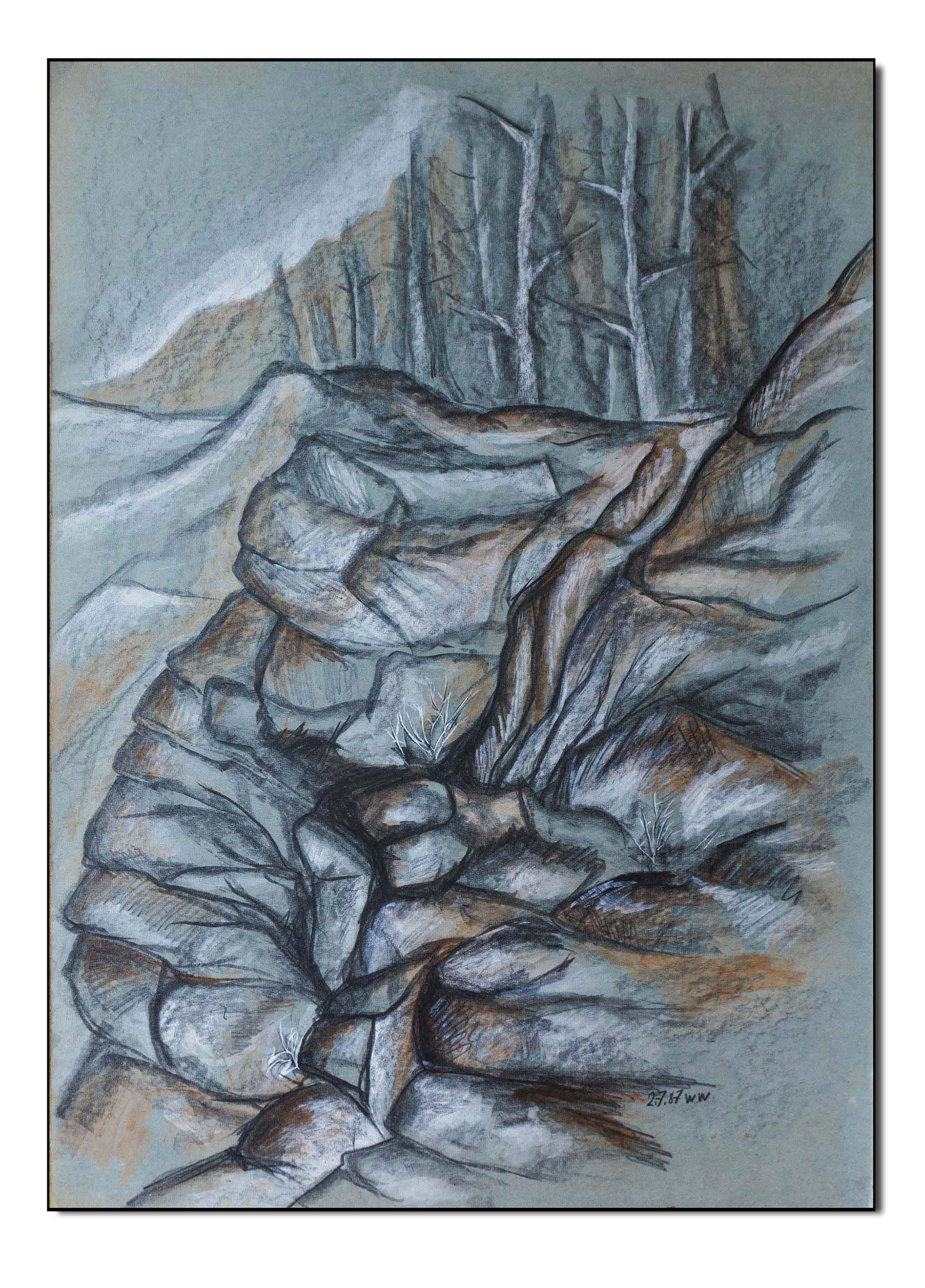 Im Ratssteinbruch bei Ilmenau,  Graphit, Aquarellfarbe und Deckweiß auf grünem Karton