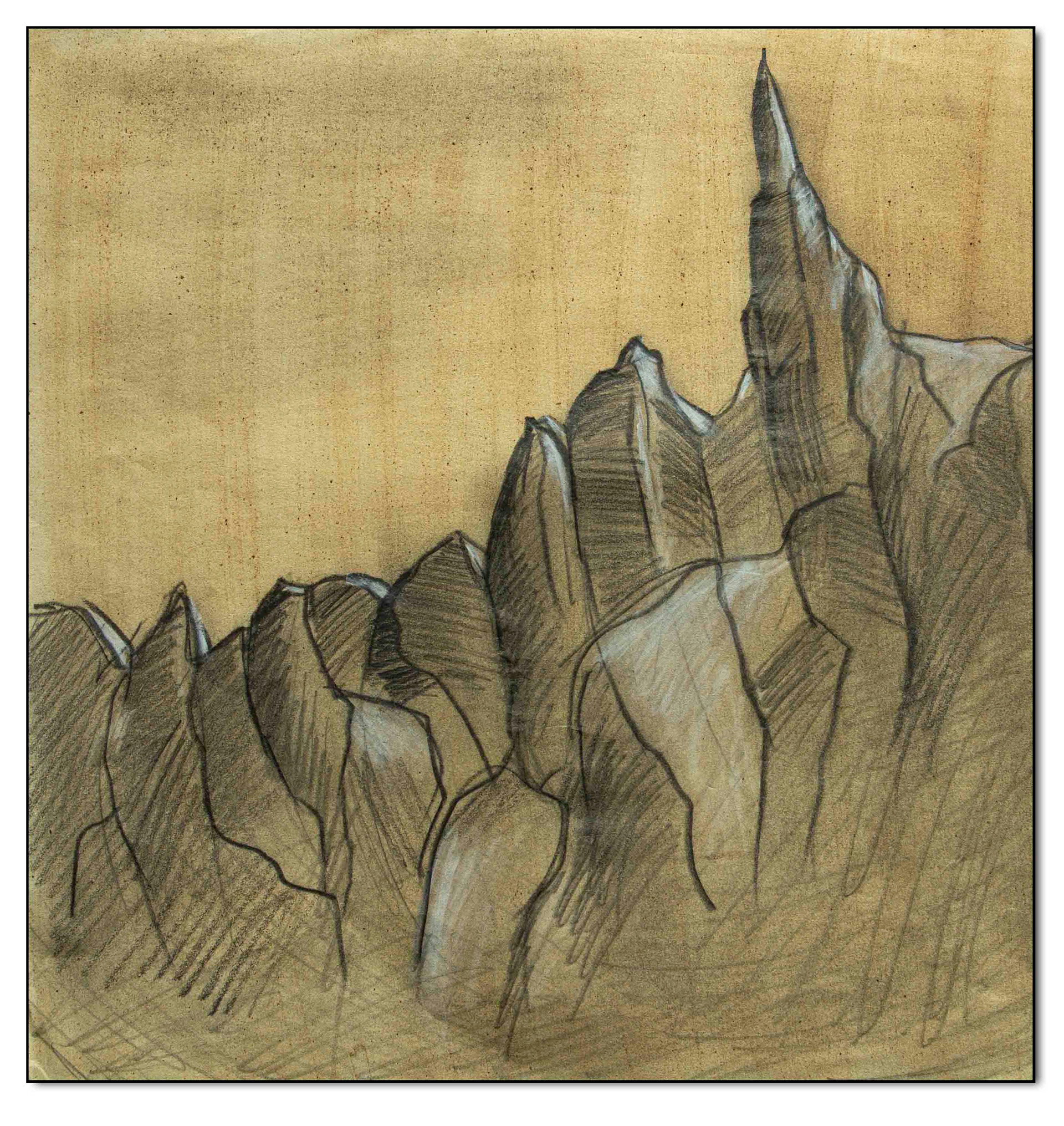 Felsen an der Aiguille du Midi, Graphit auf getöntem Papier