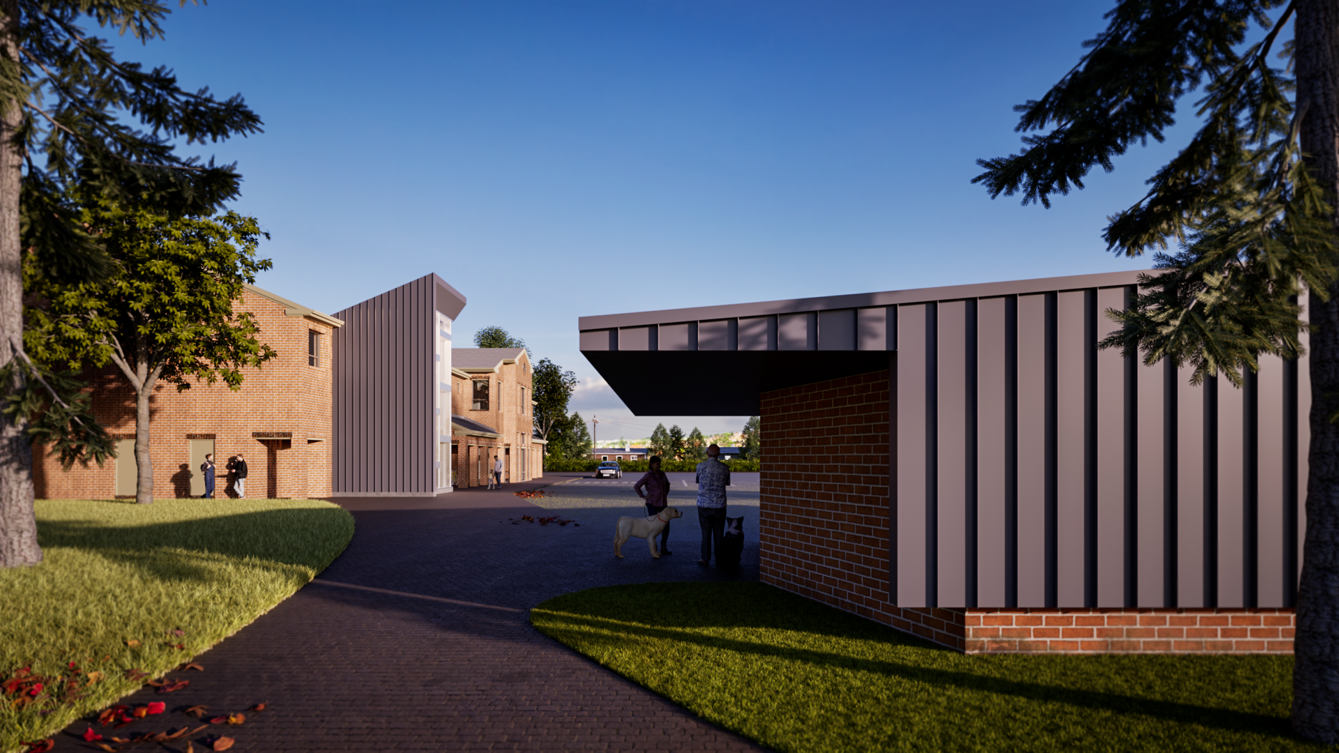 Exterior Perspective Rendering: View Past Garage Toward Entry