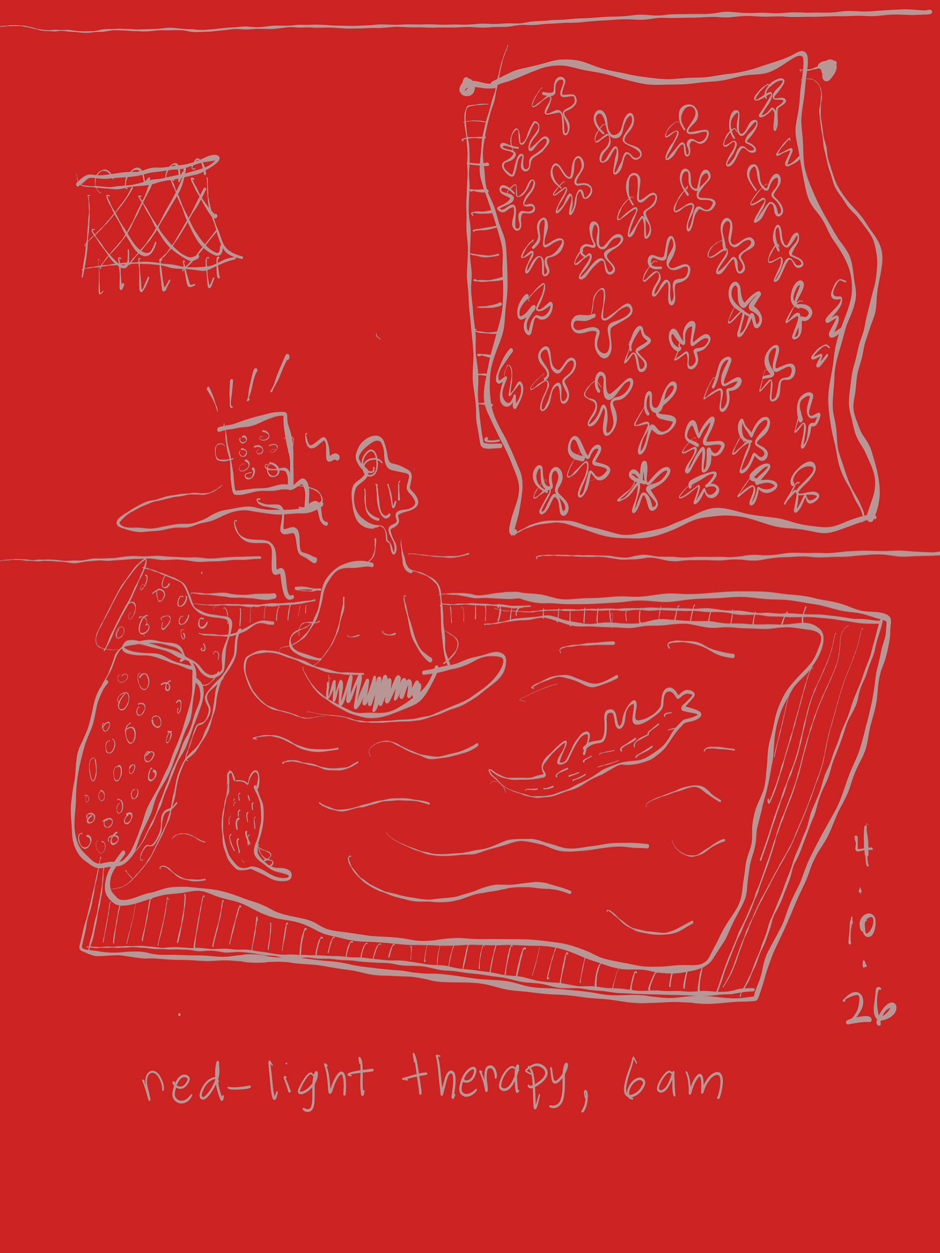 figure sits facing away, in front of box with lines around it, cross-legged, on futon on floor, with two cats laying on mat as well. color field is red with white lines. 