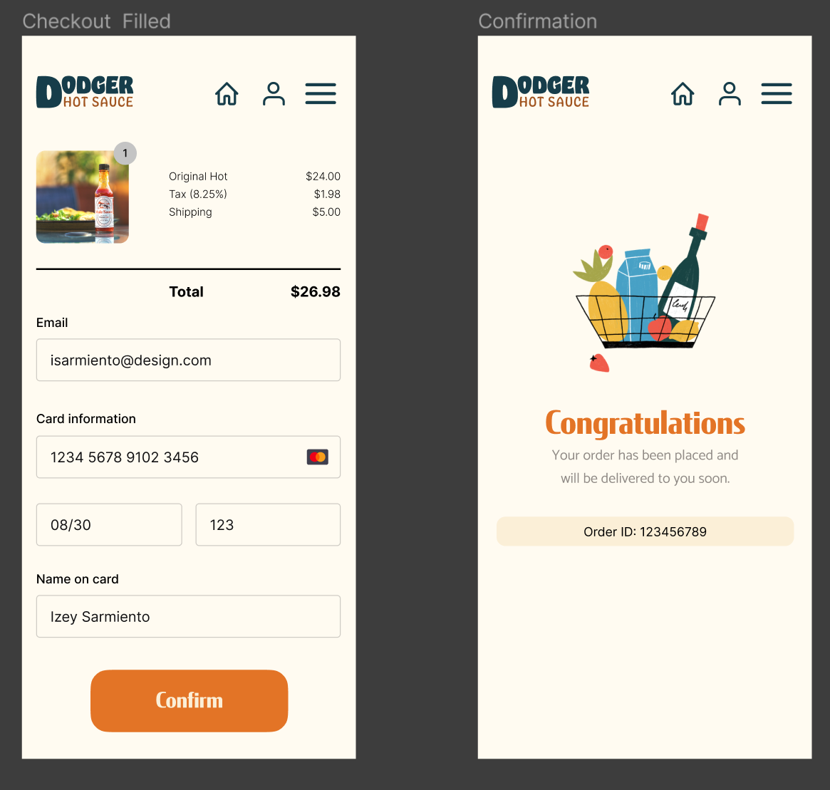 High fidelity prototype of checkout page filled out and confirmation page