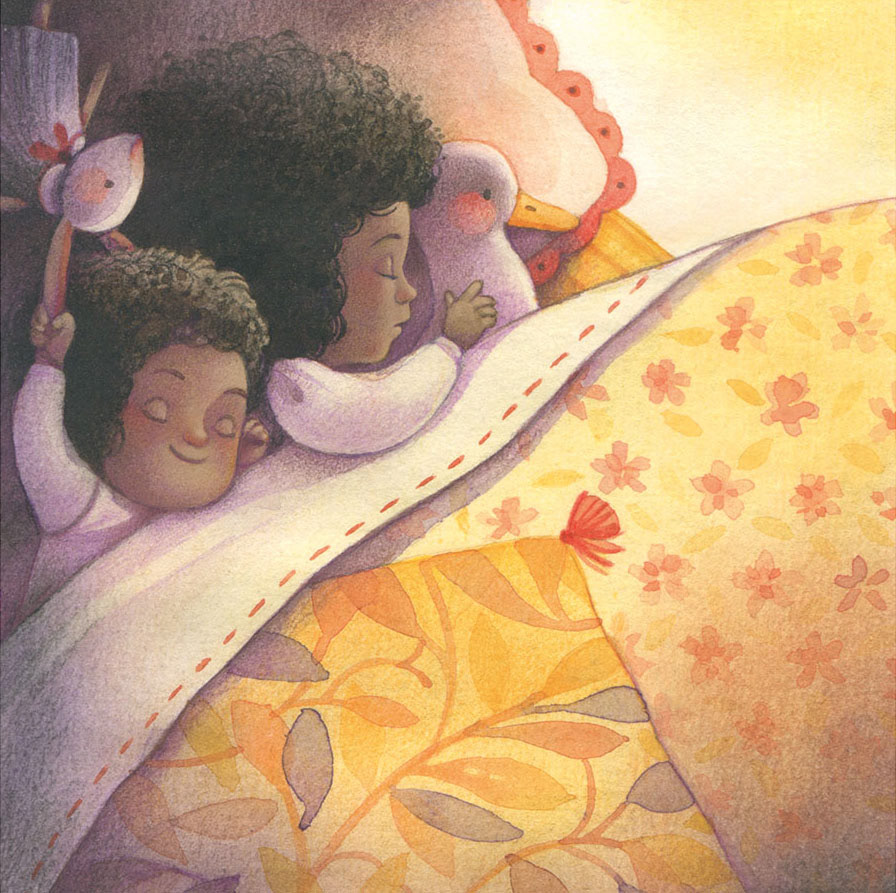 Illustration of two baby girls asleep with their favorite toys. Warm light. Gouache illustration by Gaia Bordicchia