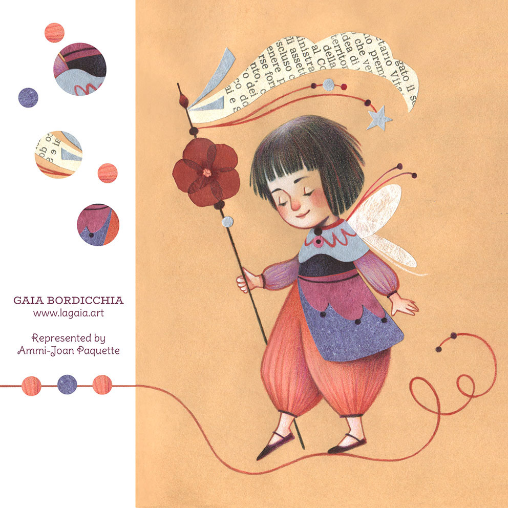 A self-promotion card with a little girl on a tightrope. Colored pencil and collage by Gaia Bordicchia