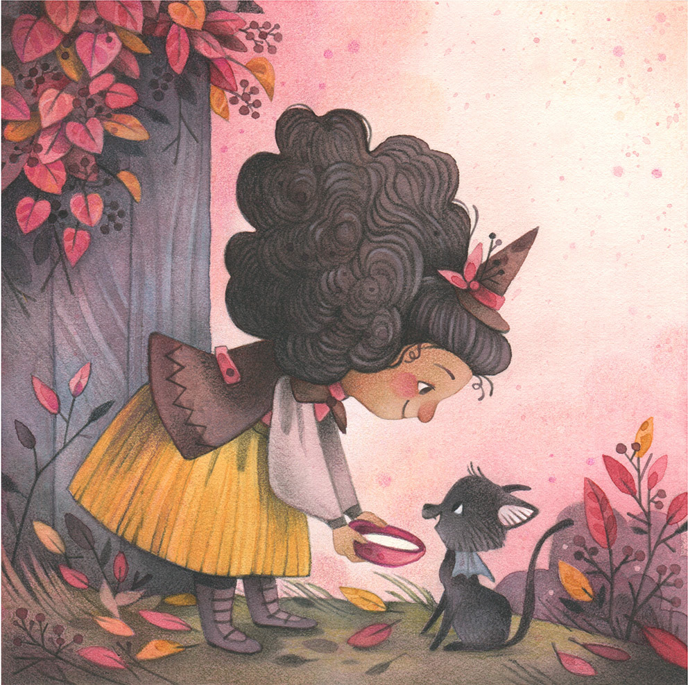 Illustration of a cute, latino witch, feeding a black cat. Autumnal scene with pink toned landscape