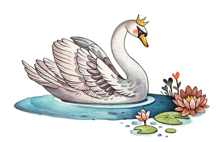 Watercolor illustration of a swan with golden crown. Illustration by Gaia Bordicchia 