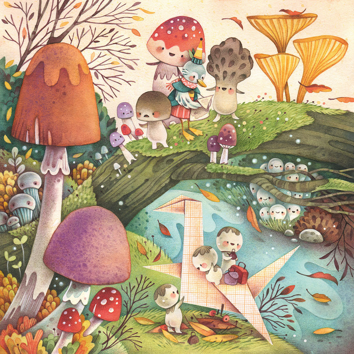 Illustration of an enchanted forest with mushrooms and magica creatures. Original watercolor art by Gaia Bordicchia
