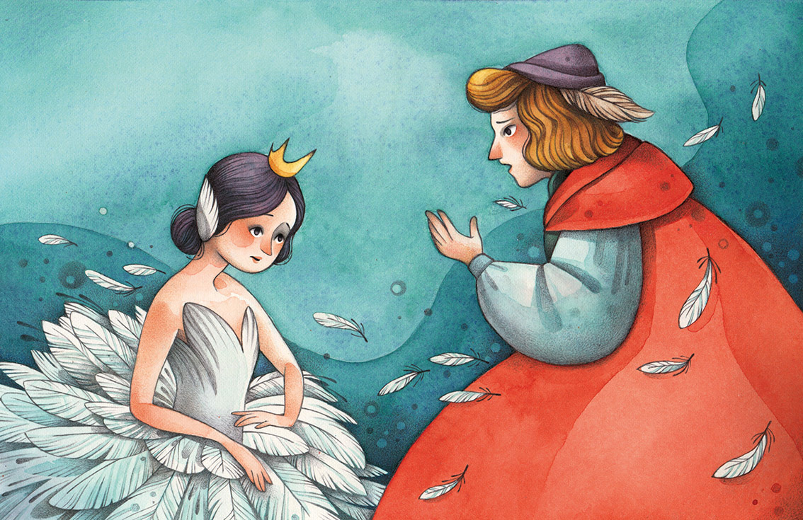 Illustration of prince with the swan dancing princess. Illustration by Gaia Bordicchia 