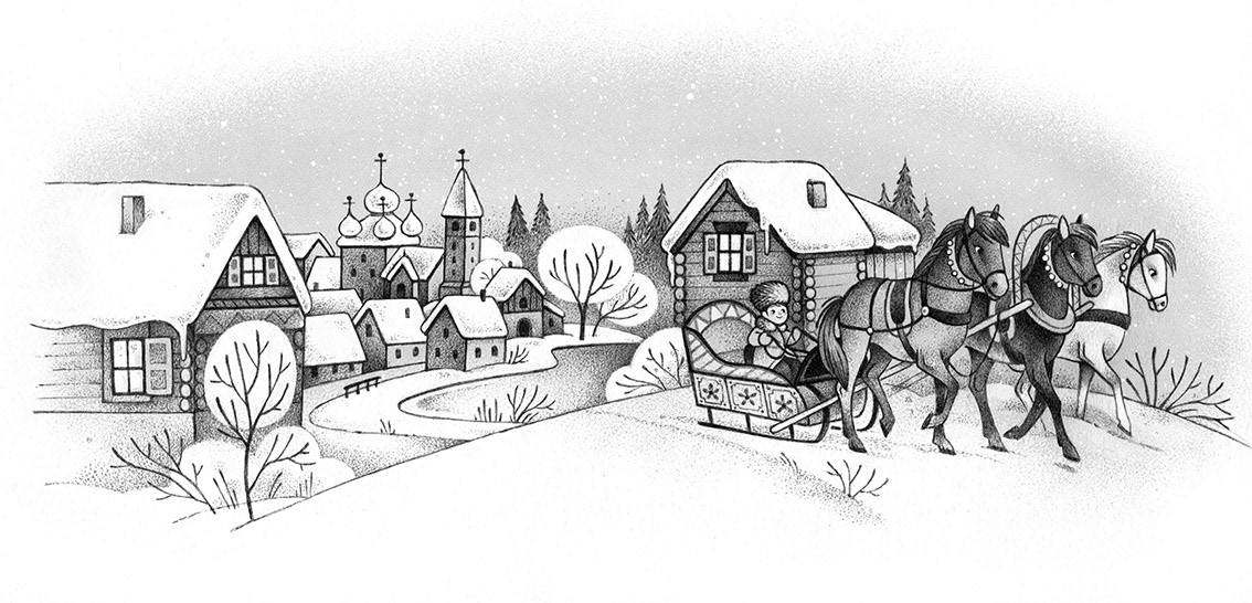 Black and white illustration of a snowy russian village. A boy on a chariot pulled by three horses is passing through