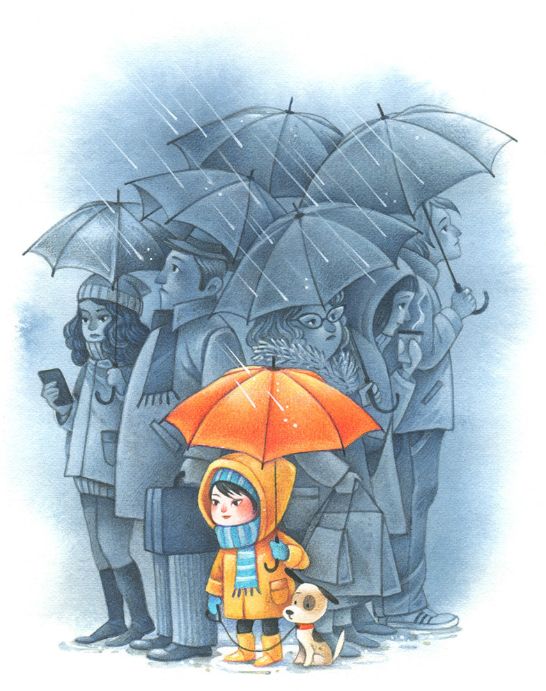 Illustration of a little boy and his dog on a rainy day. He's dressed in bright clothes, while the people around him are blue and grey