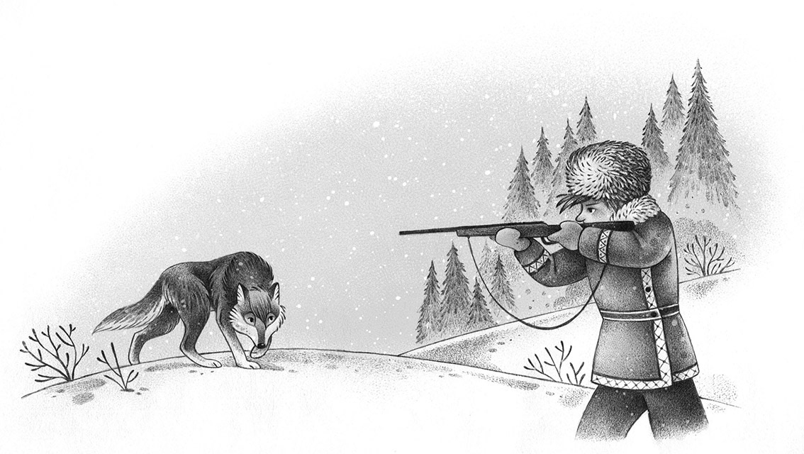 Black and white illustration of a boy in a snowy forest, holding a rifle against a wolf