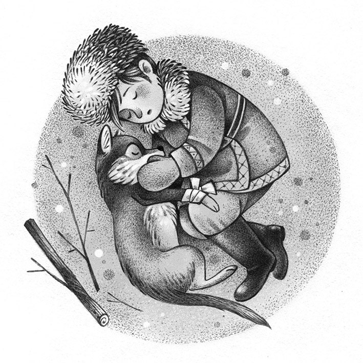 Black and white illustration of a boy sleeping hugging a wolfcub